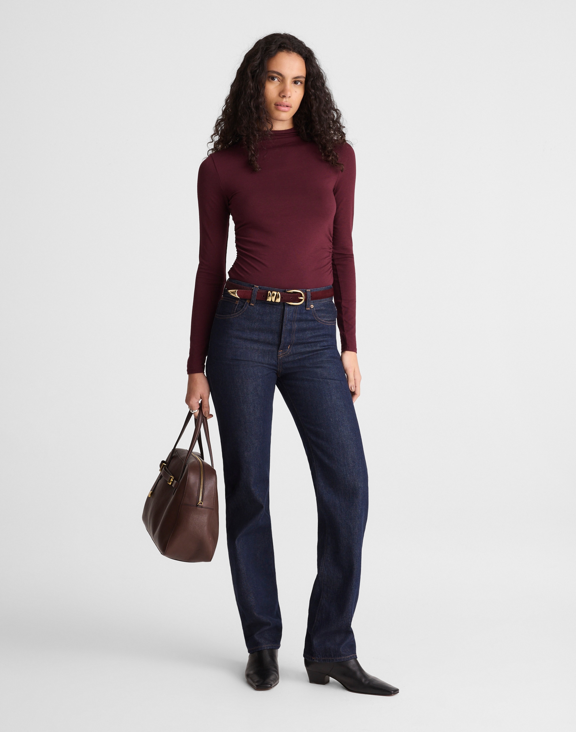 Ruched Mockneck Long-Sleeve Top