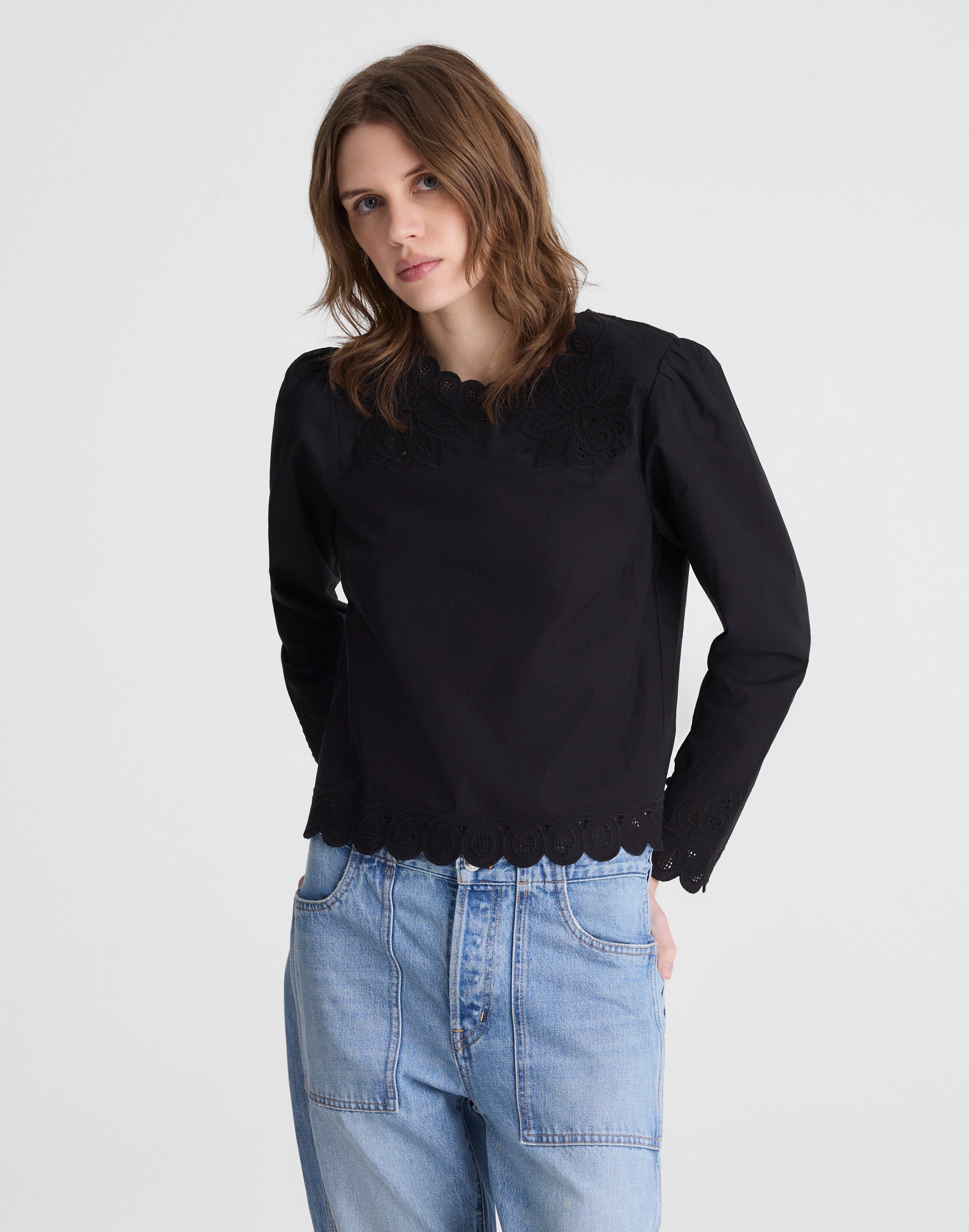 Embroidered Puff-Sleeve Top in Poplin - Black