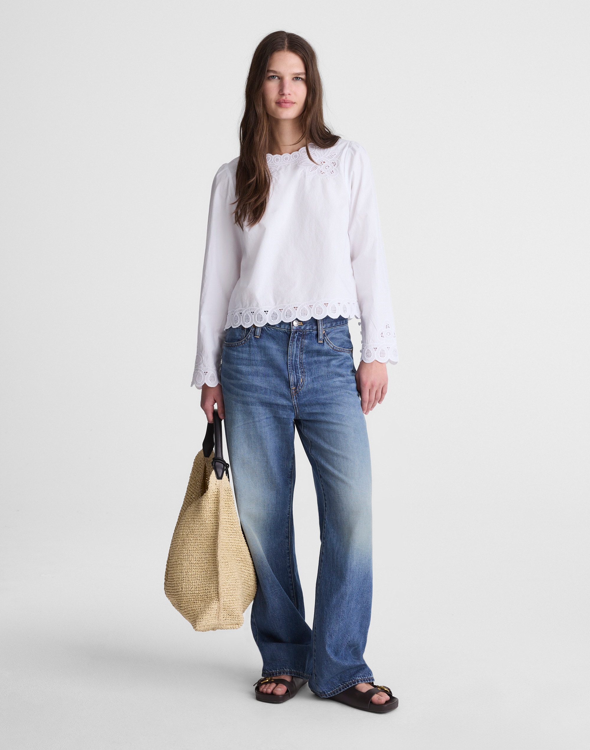 Embroidered Puff-Sleeve Top in Poplin