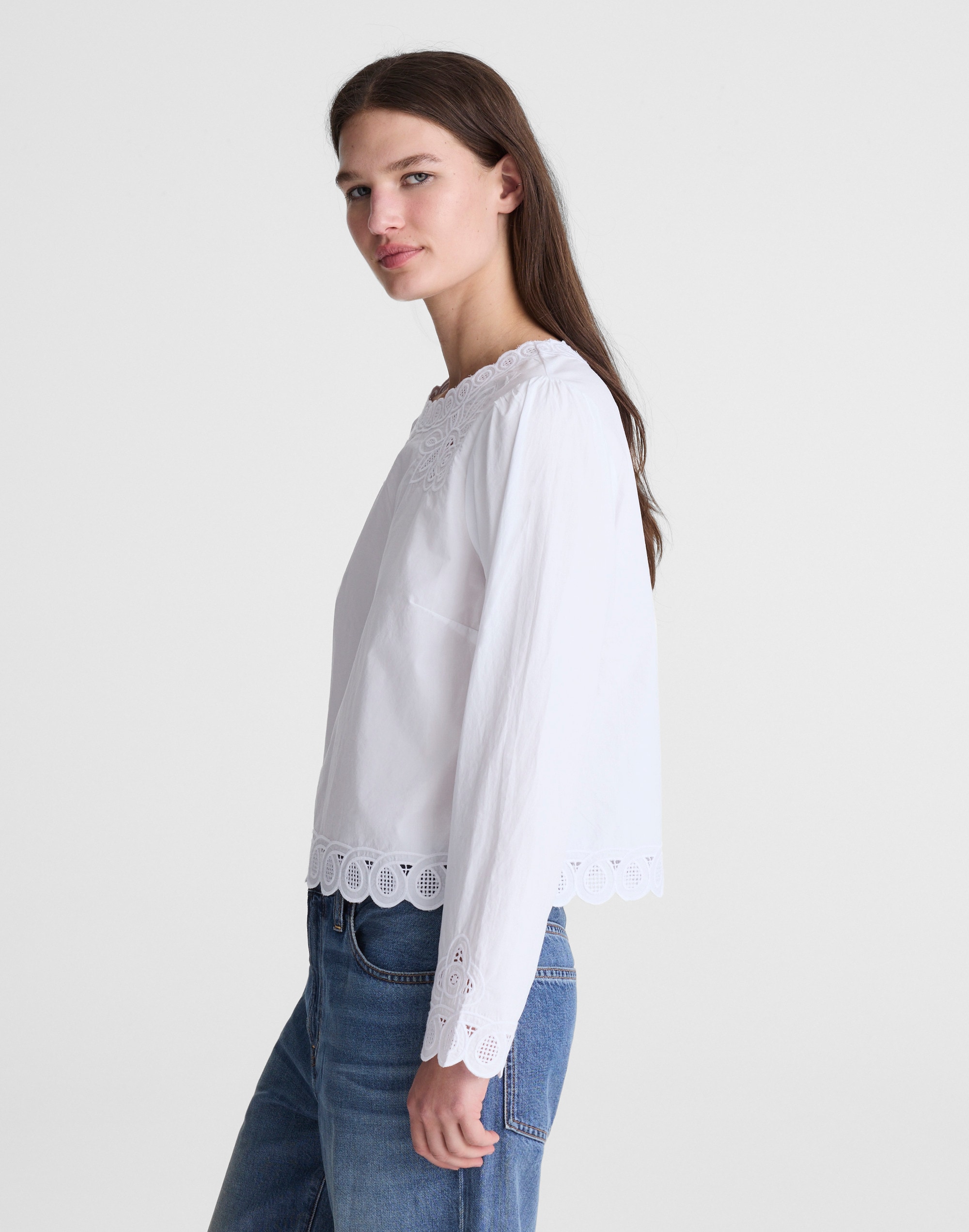 Embroidered Puff-Sleeve Top in Poplin
