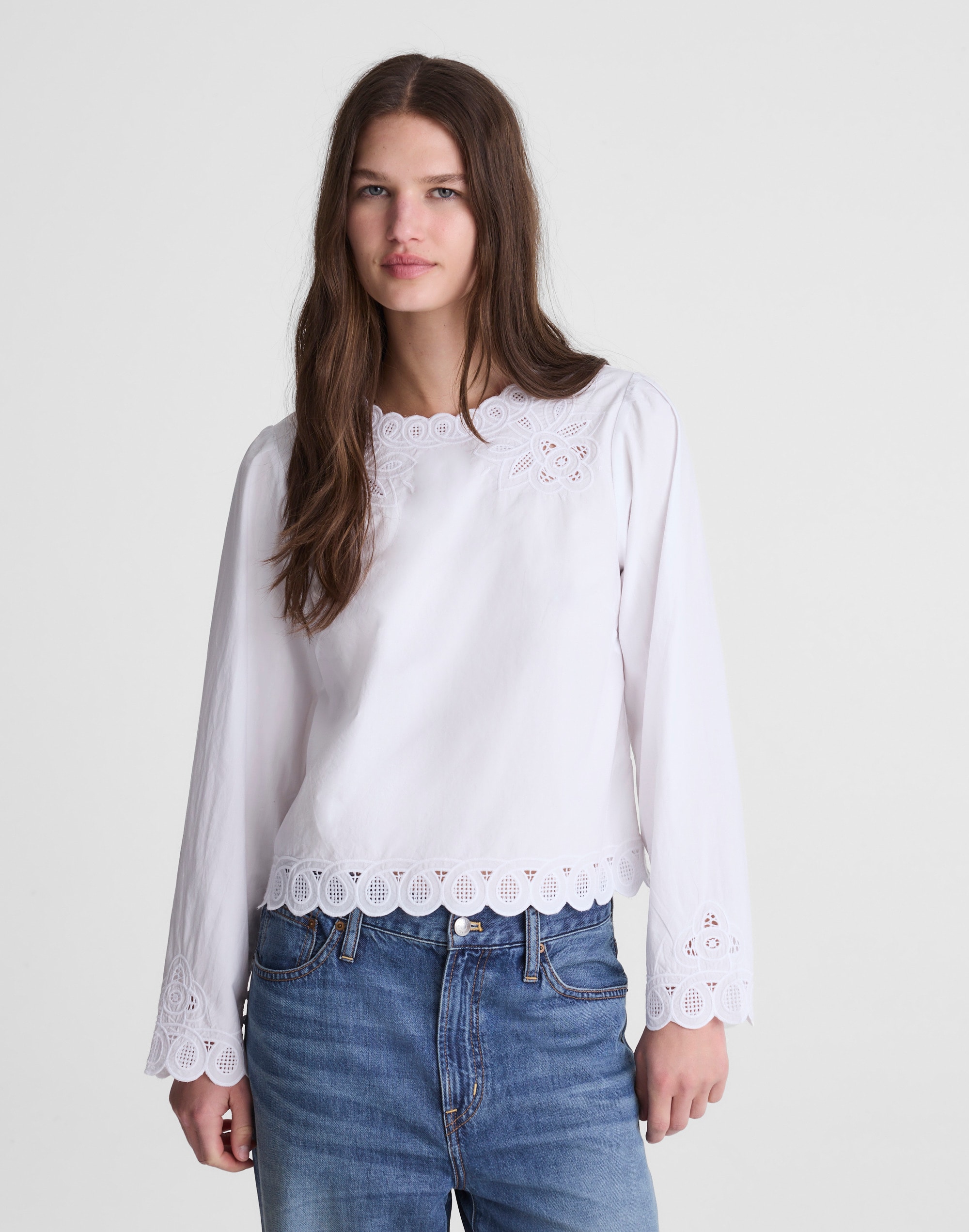 Embroidered Puff-Sleeve Top in Poplin