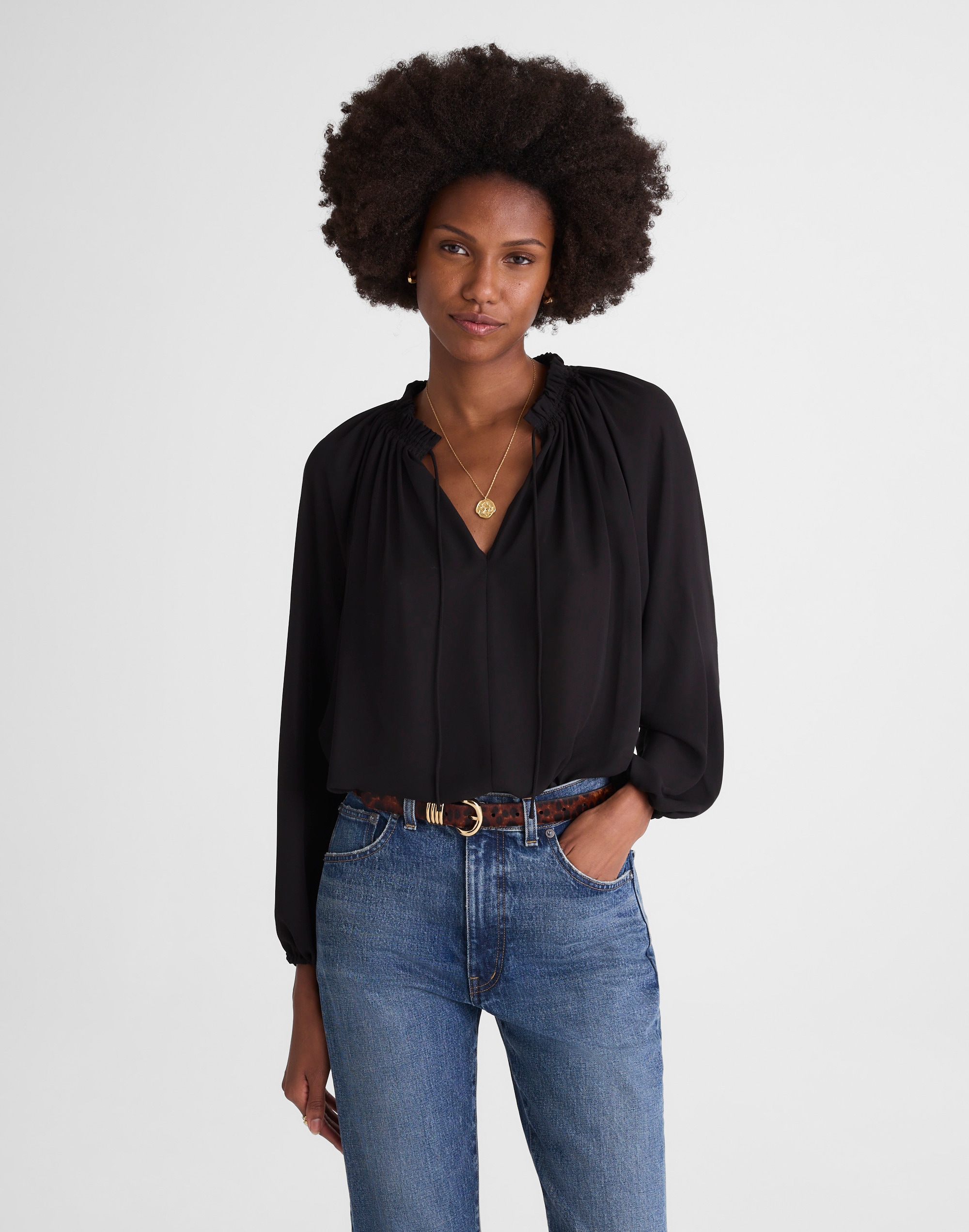 long-sleeve tie-neck top