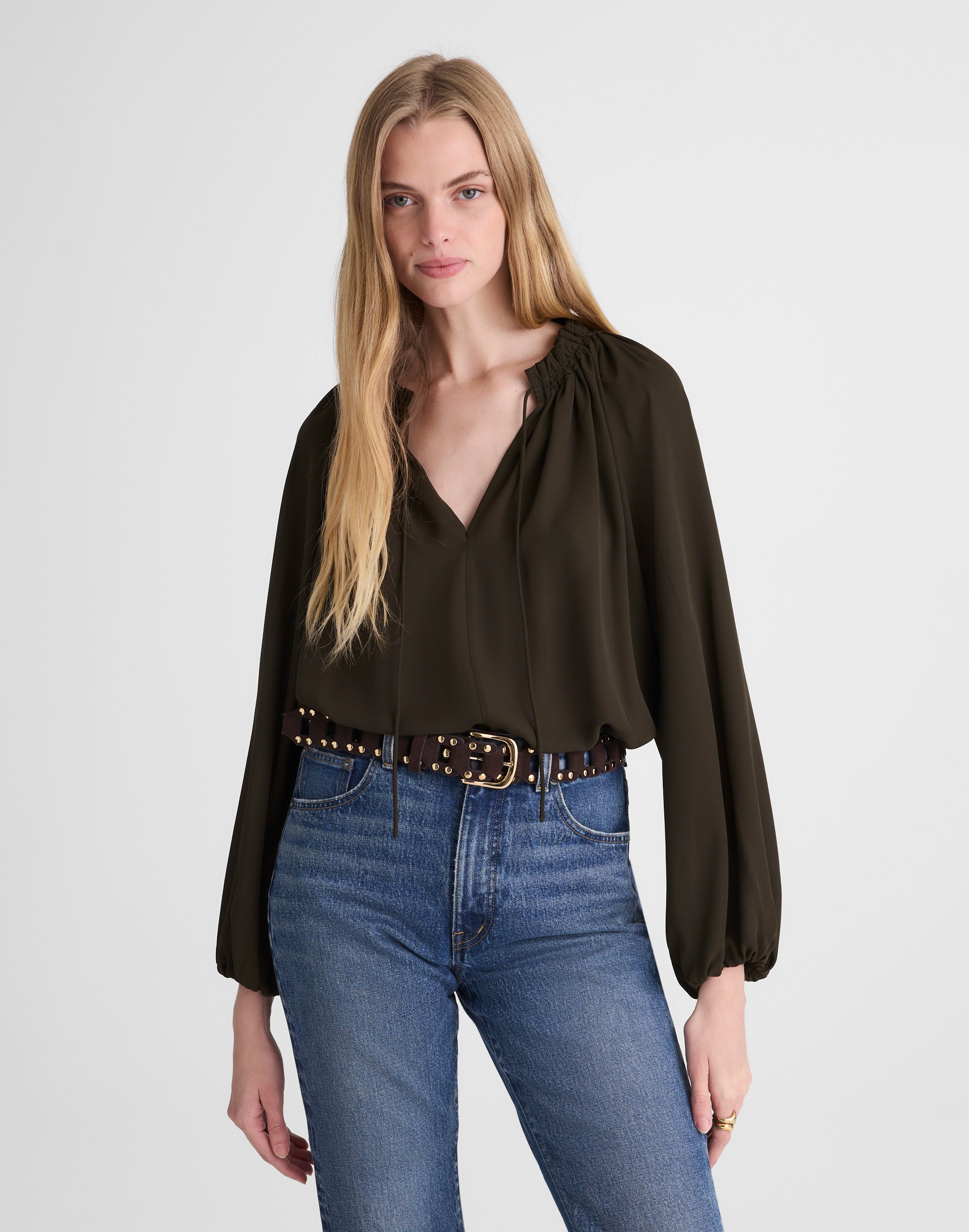 Long-Sleeve Tie-Neck Top