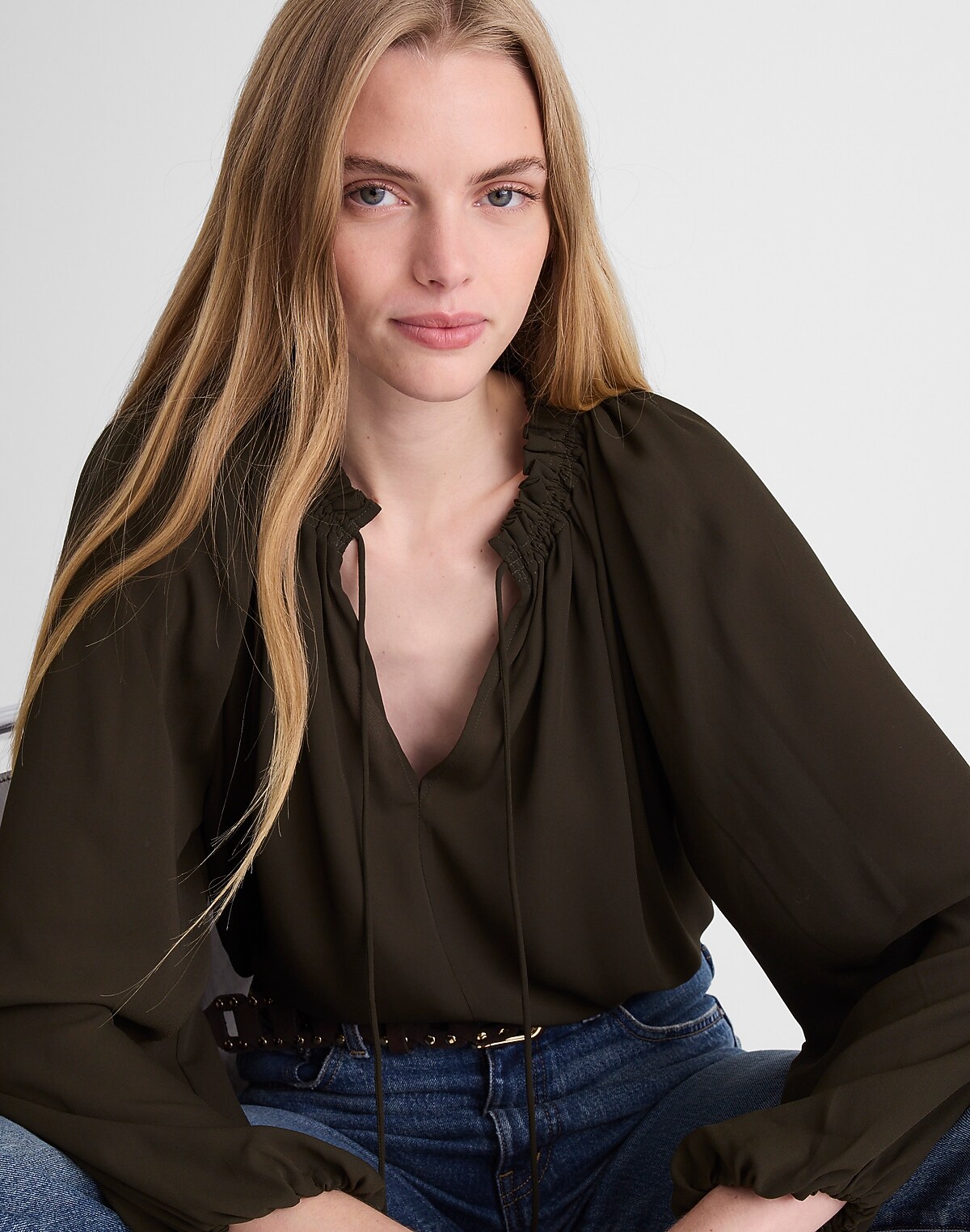 Long-Sleeve Tie-Neck Top