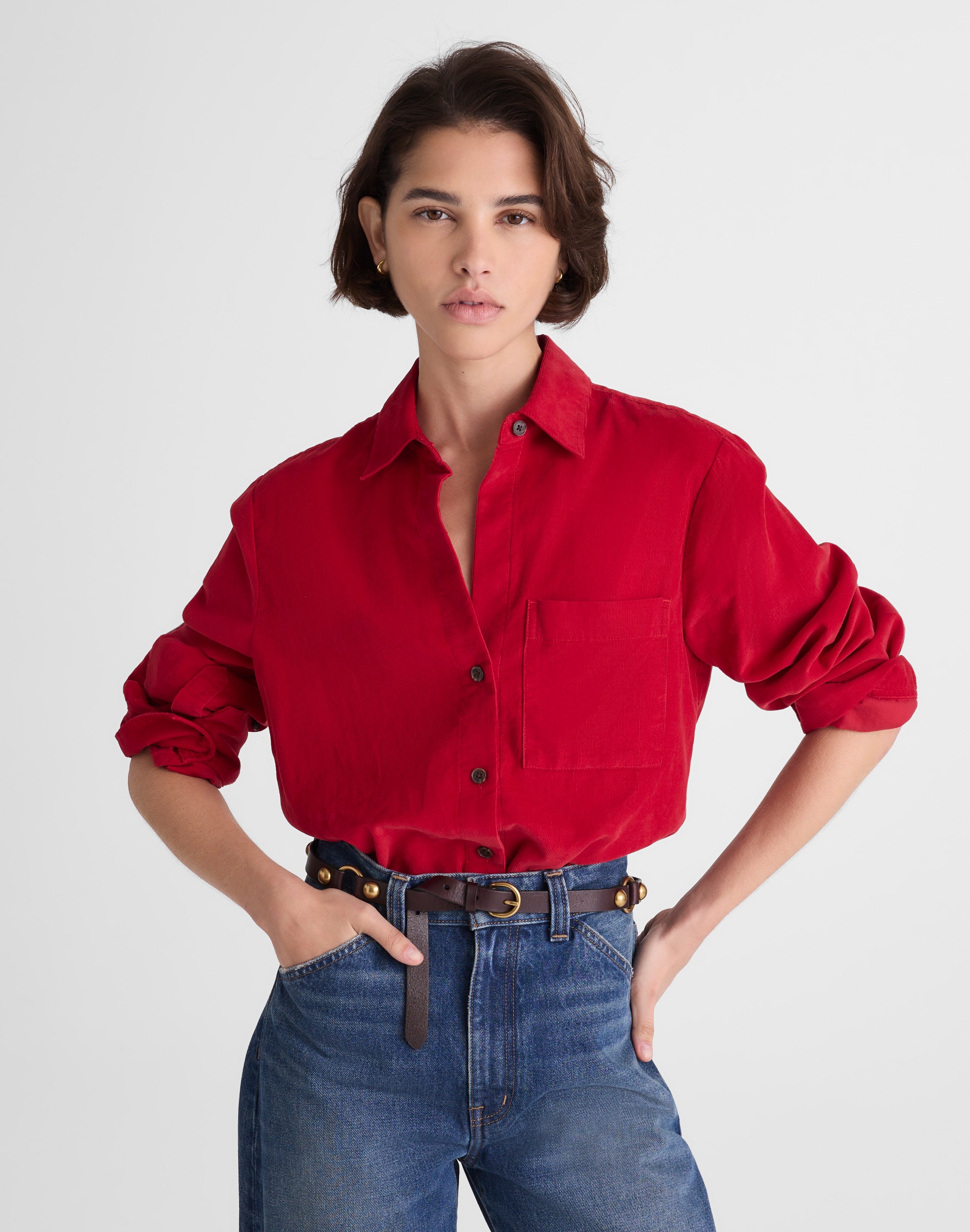 Easy Y-Neck Button-Up Shirt in Corduroy