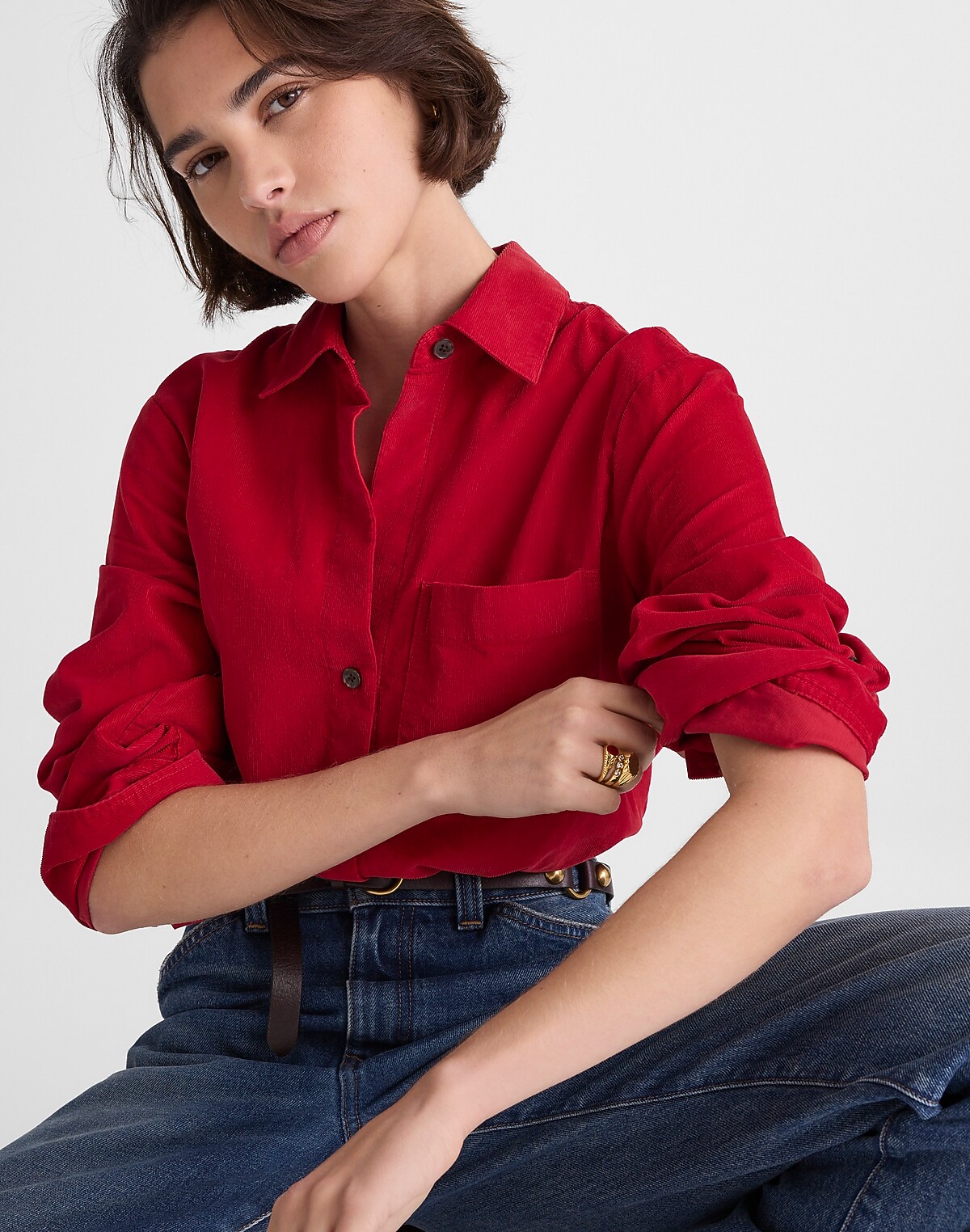 Easy Y-Neck Button-Up Shirt in Corduroy