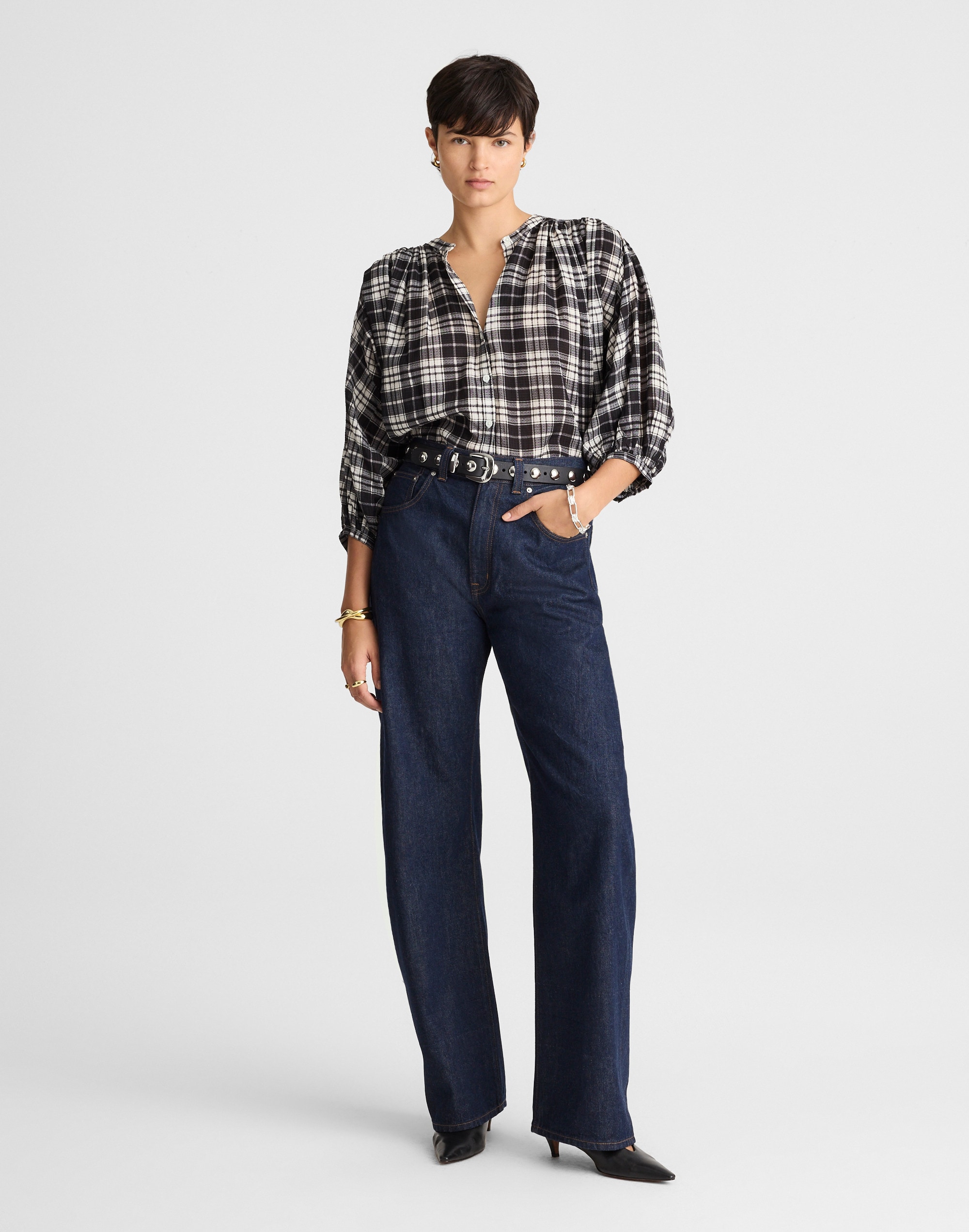 Shirred Crewneck Button-Up Top Plaid