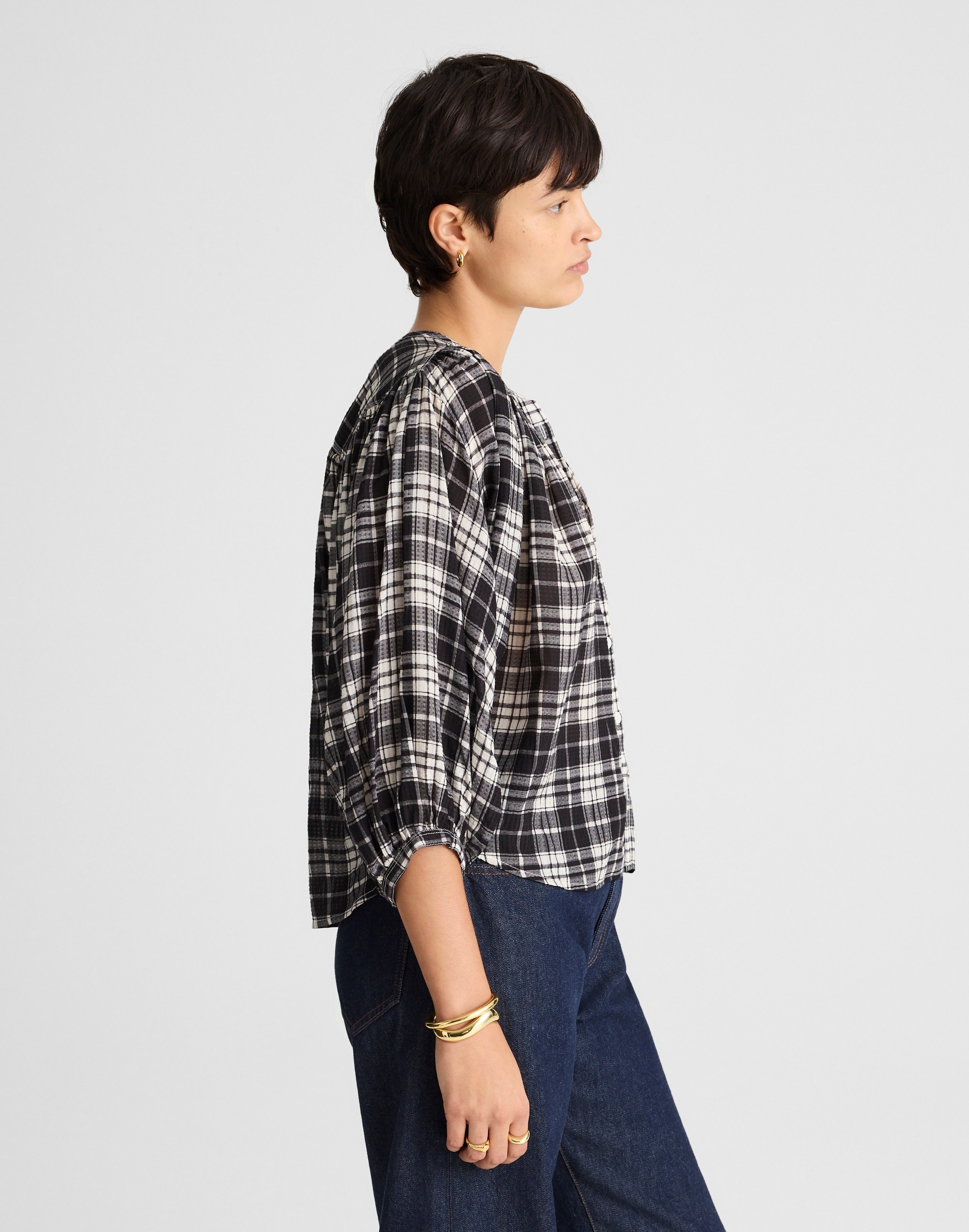 Shirred Crewneck Button-Up Top Plaid