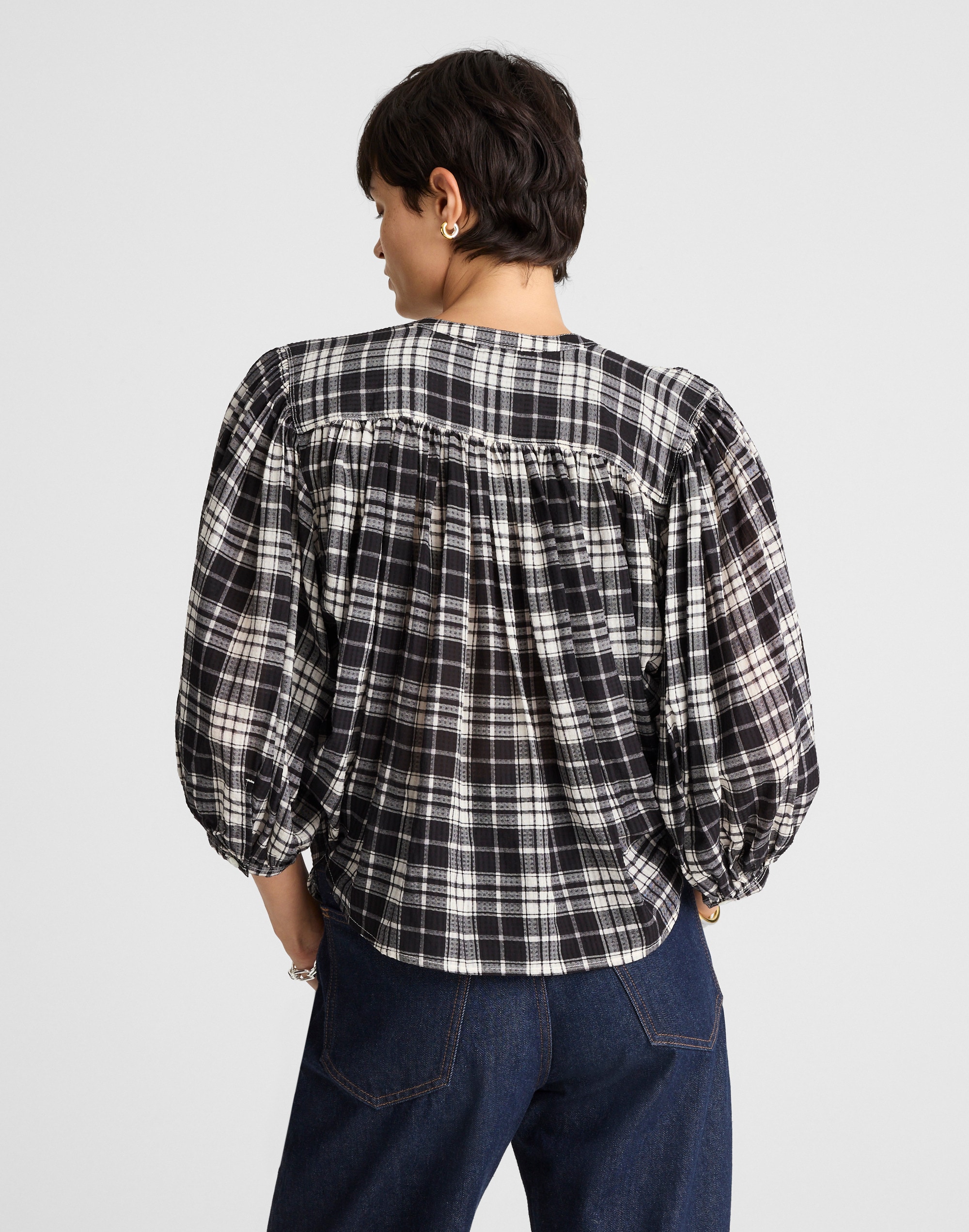 Shirred Crewneck Button-Up Top Plaid