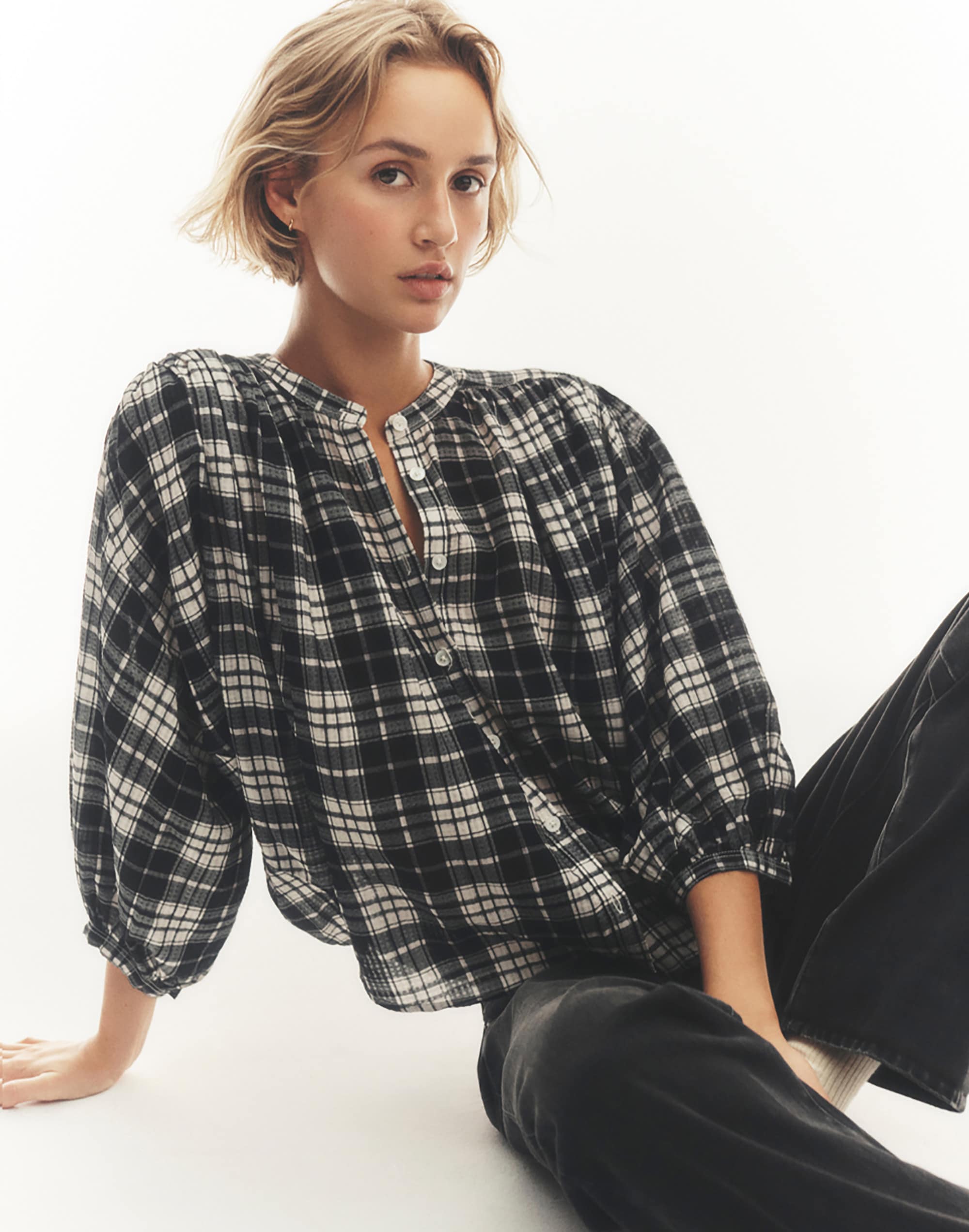 Shirred Crewneck Button-Up Top Plaid