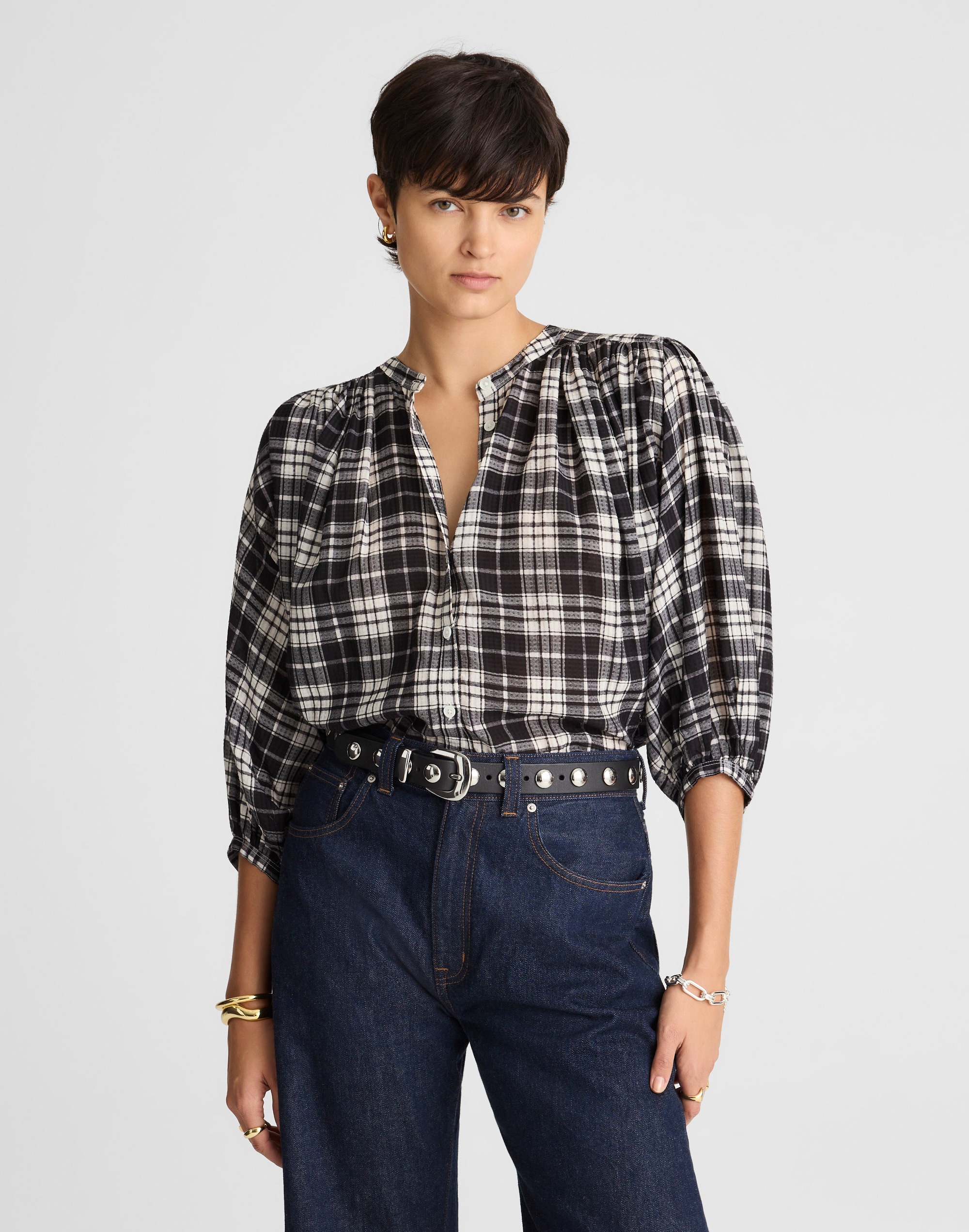 shirred crewneck button-up top in plaid