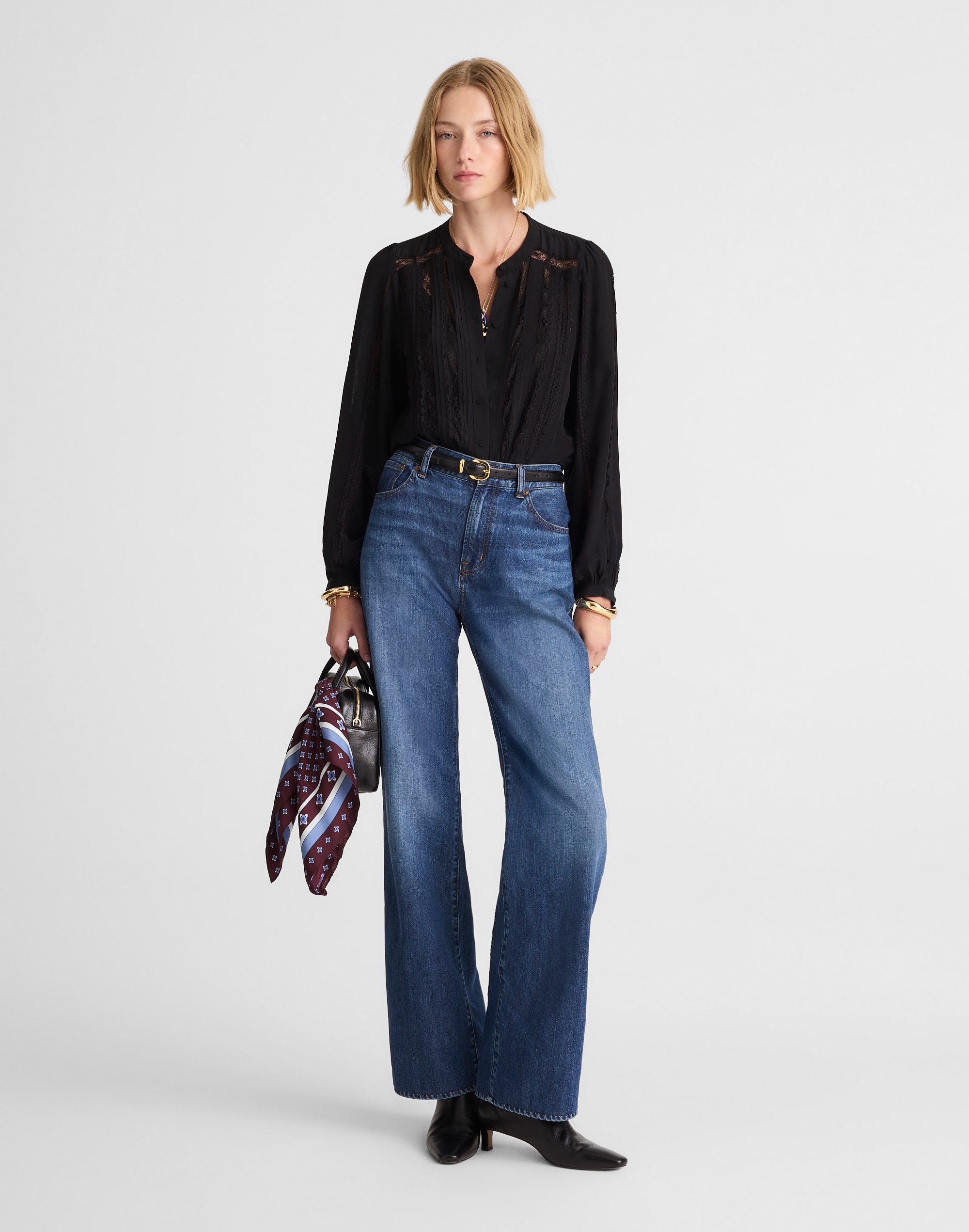 Lace-Insert Button-Up Long-Sleeve Top