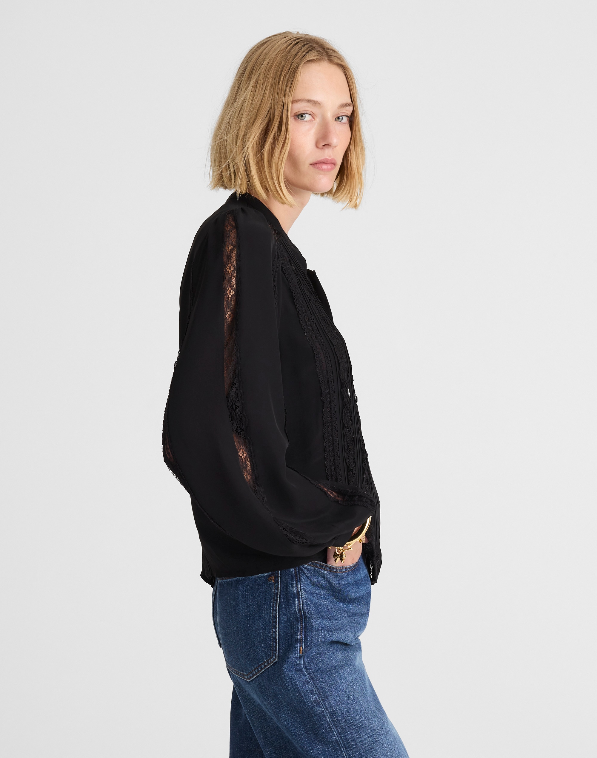 Lace-Insert Button-Up Long-Sleeve Top Alternate Image 3