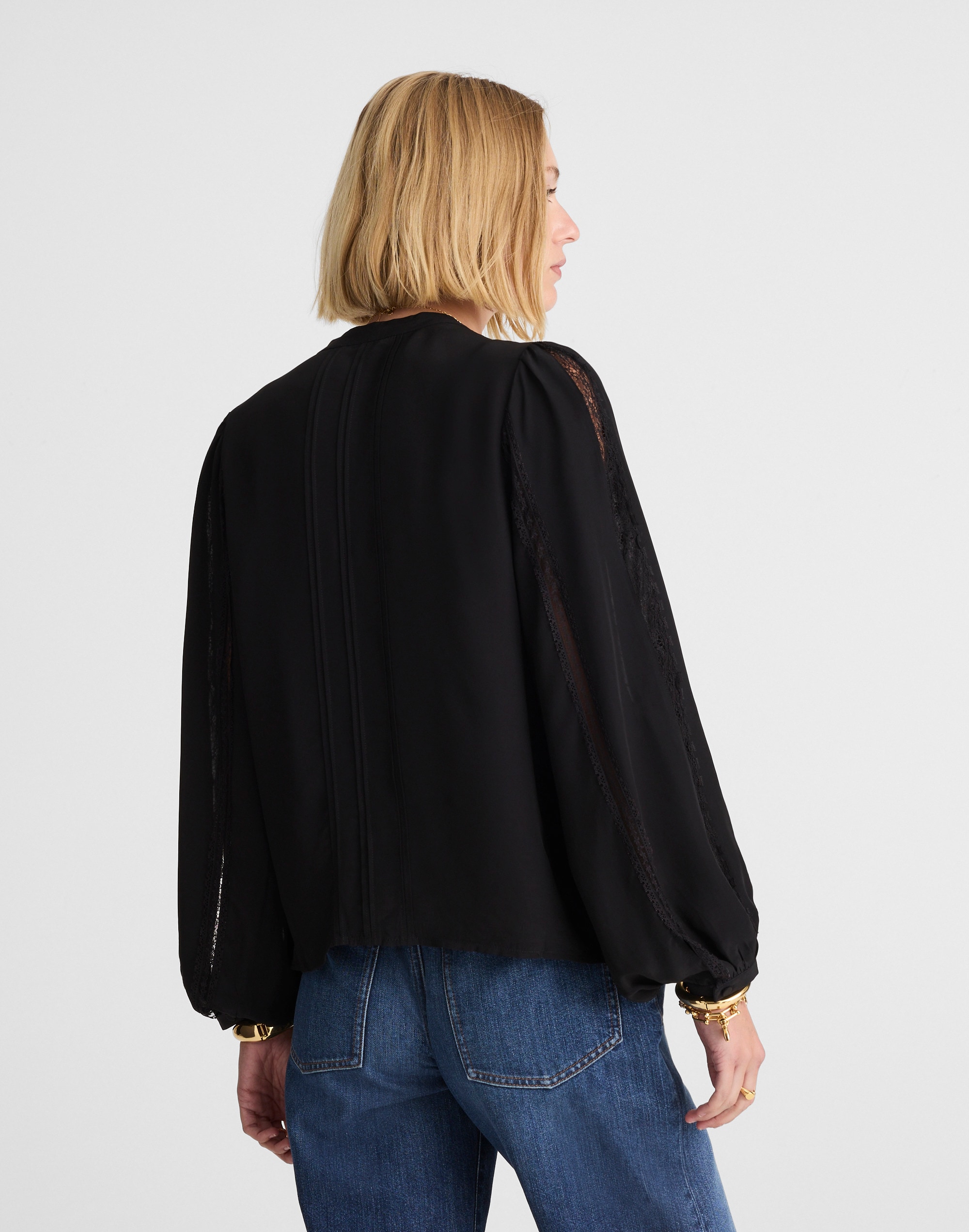 Lace-Insert Button-Up Long-Sleeve Top