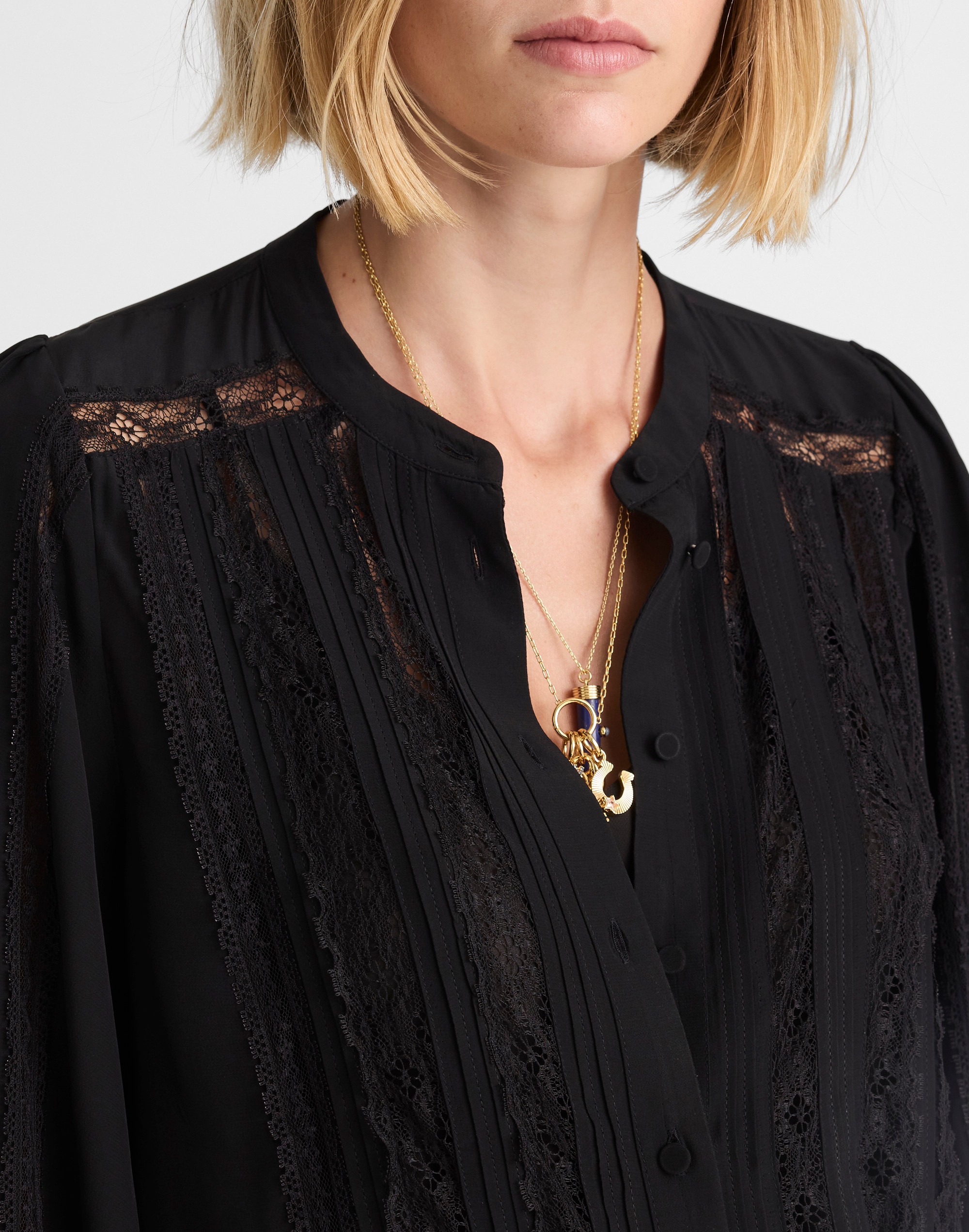 Lace-Insert Button-Up Long-Sleeve Top