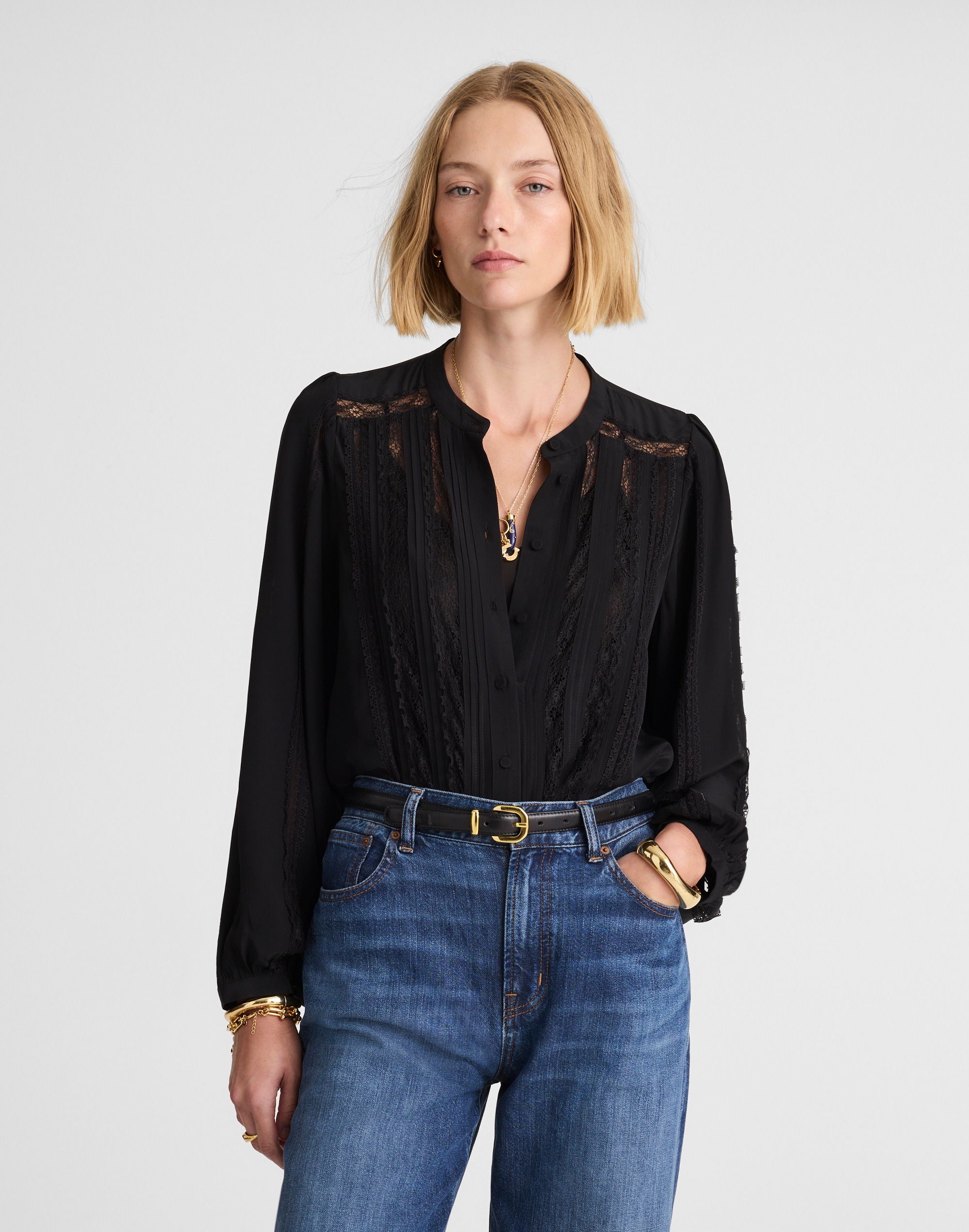lace-insert button-up long-sleeve top