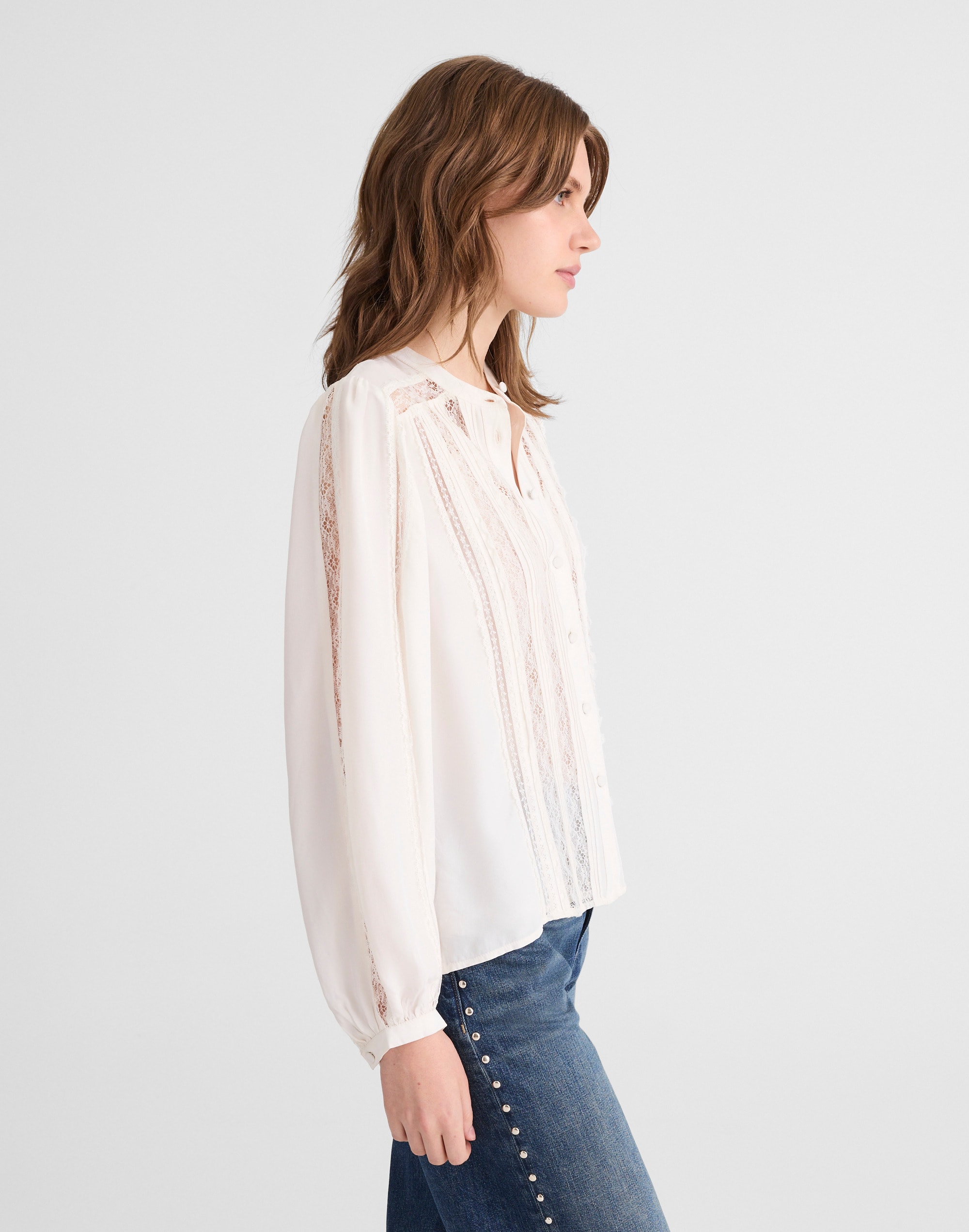Lace-Insert Button-Up Long-Sleeve Top