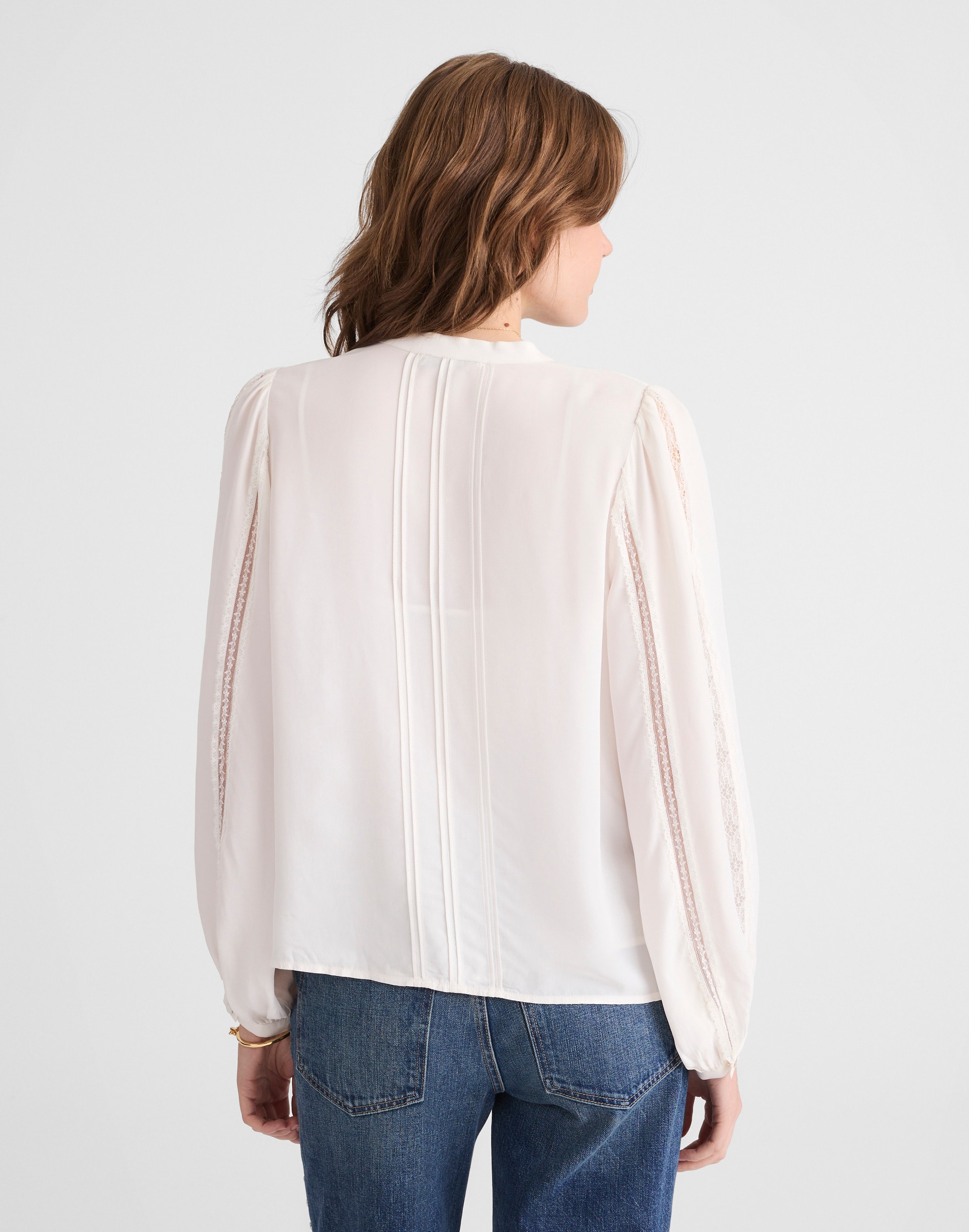 Lace-Insert Button-Up Long-Sleeve Top