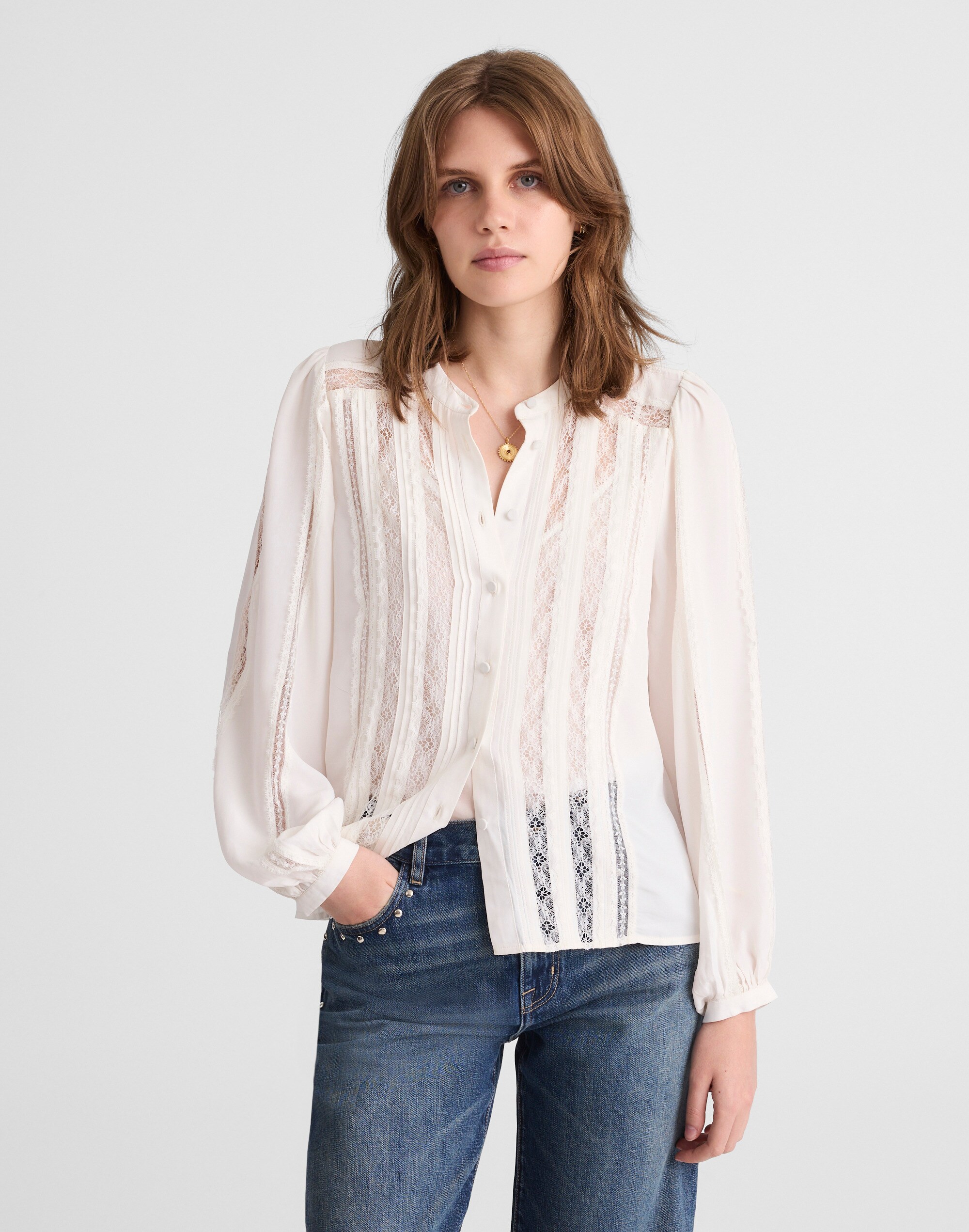 Lace-Insert Button-Up Long-Sleeve Top