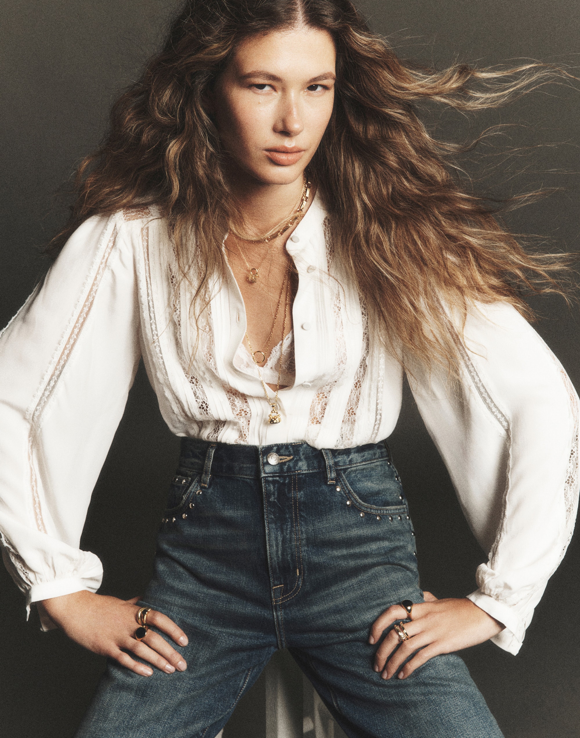 Lace-Insert Button-Up Long-Sleeve Top