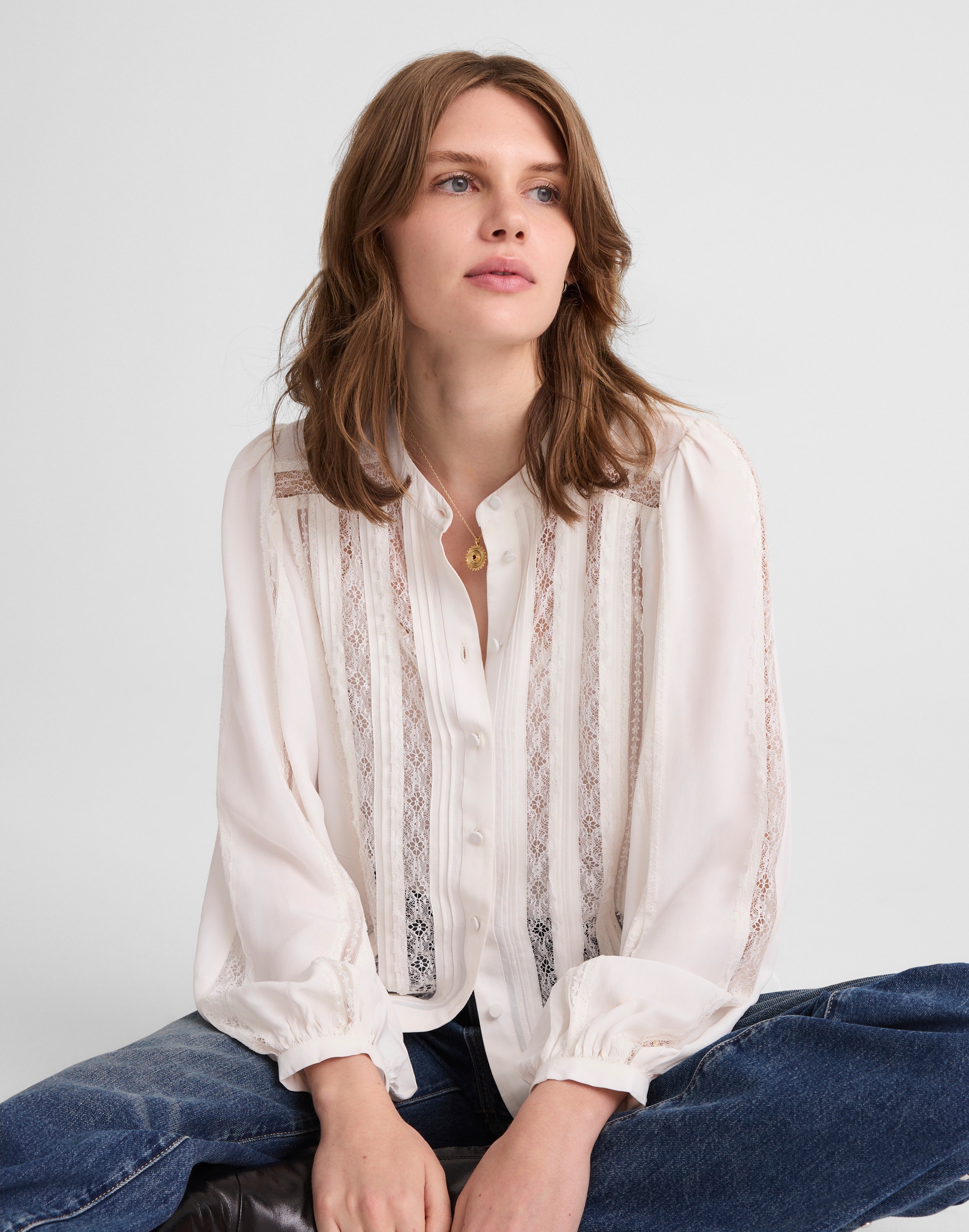 Madewell Lace-insert Button-up Long-sleeve Top In White