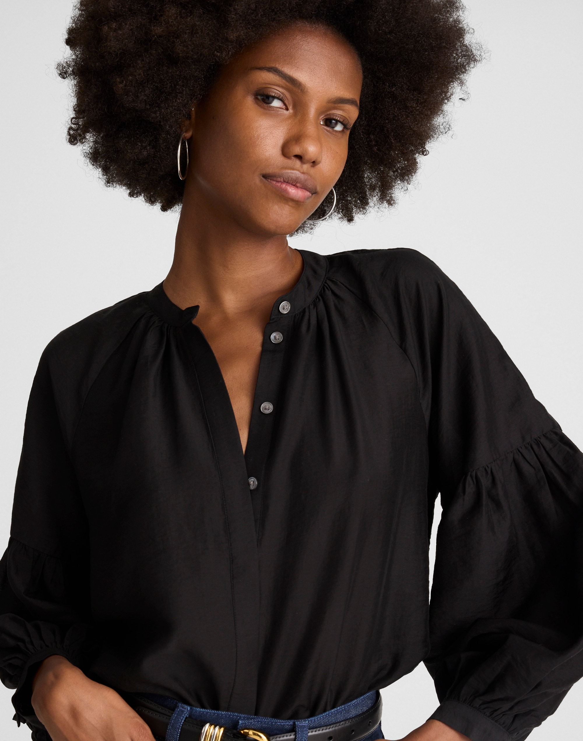 Madewell Shirred Balloon Sleeve Button-up Top In Black