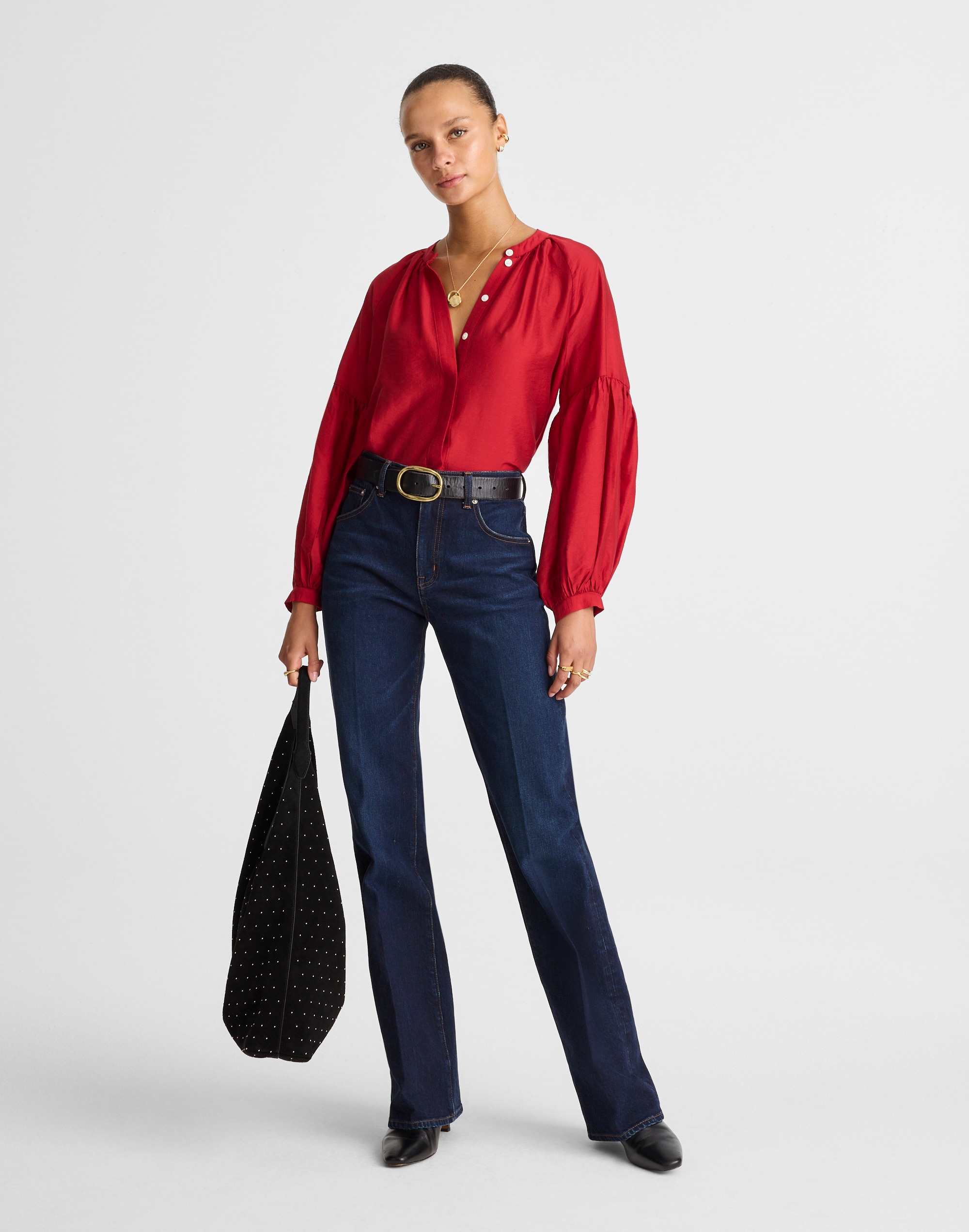 Madewell Shirred Crewneck Button-up Top In Red