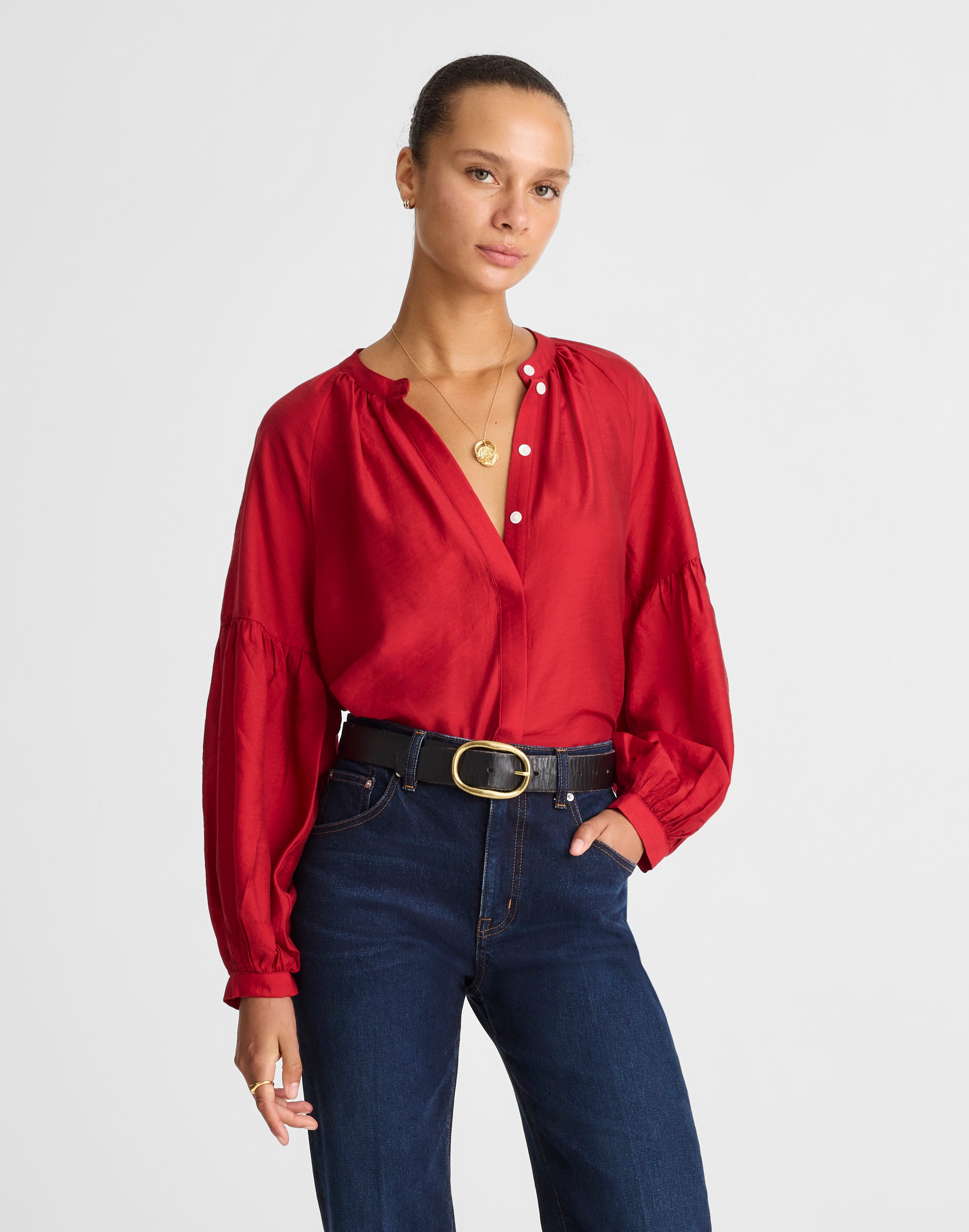Shirred Balloon-Sleeve Top