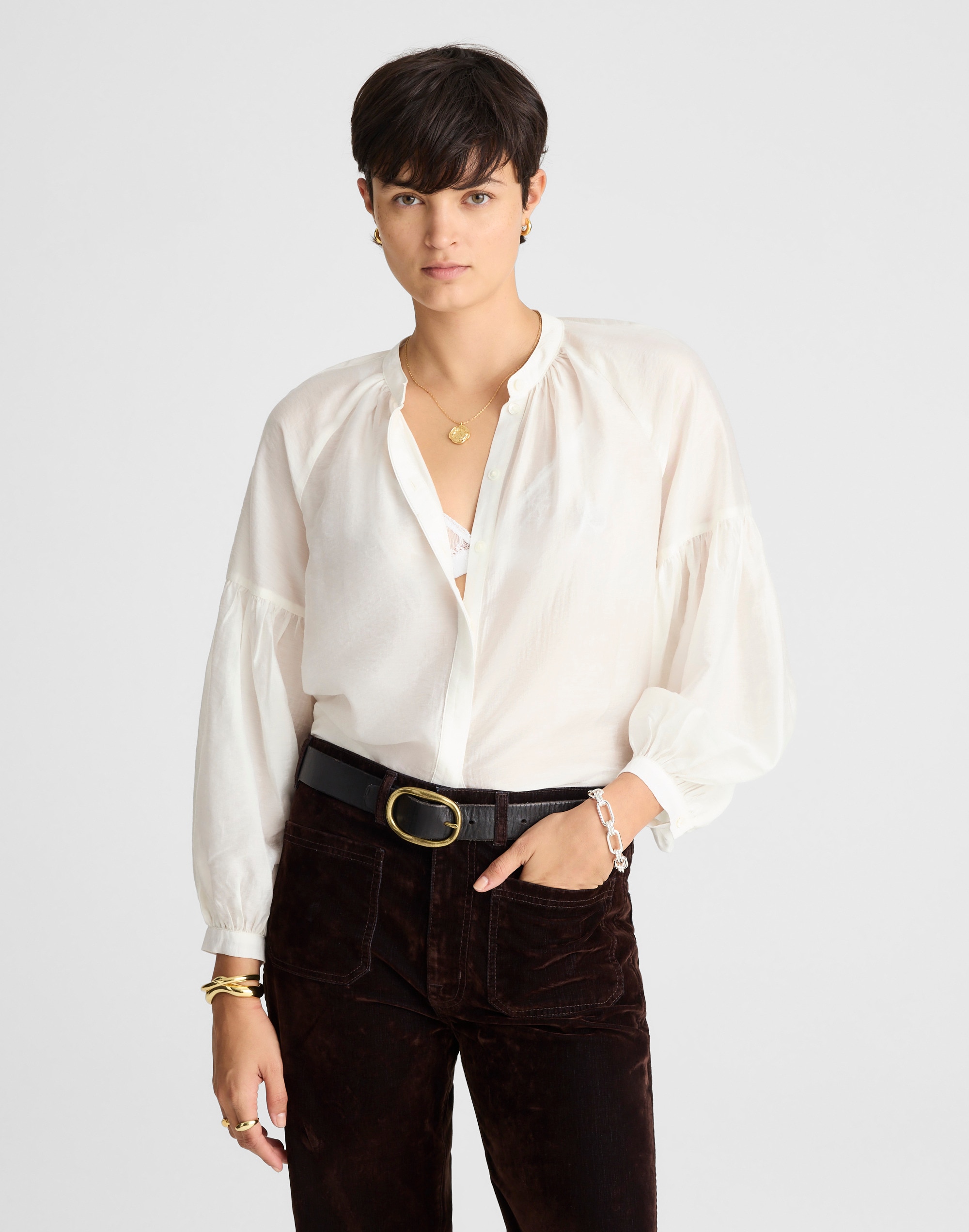 Madewell Shirred Balloon-sleeve Top In Multi