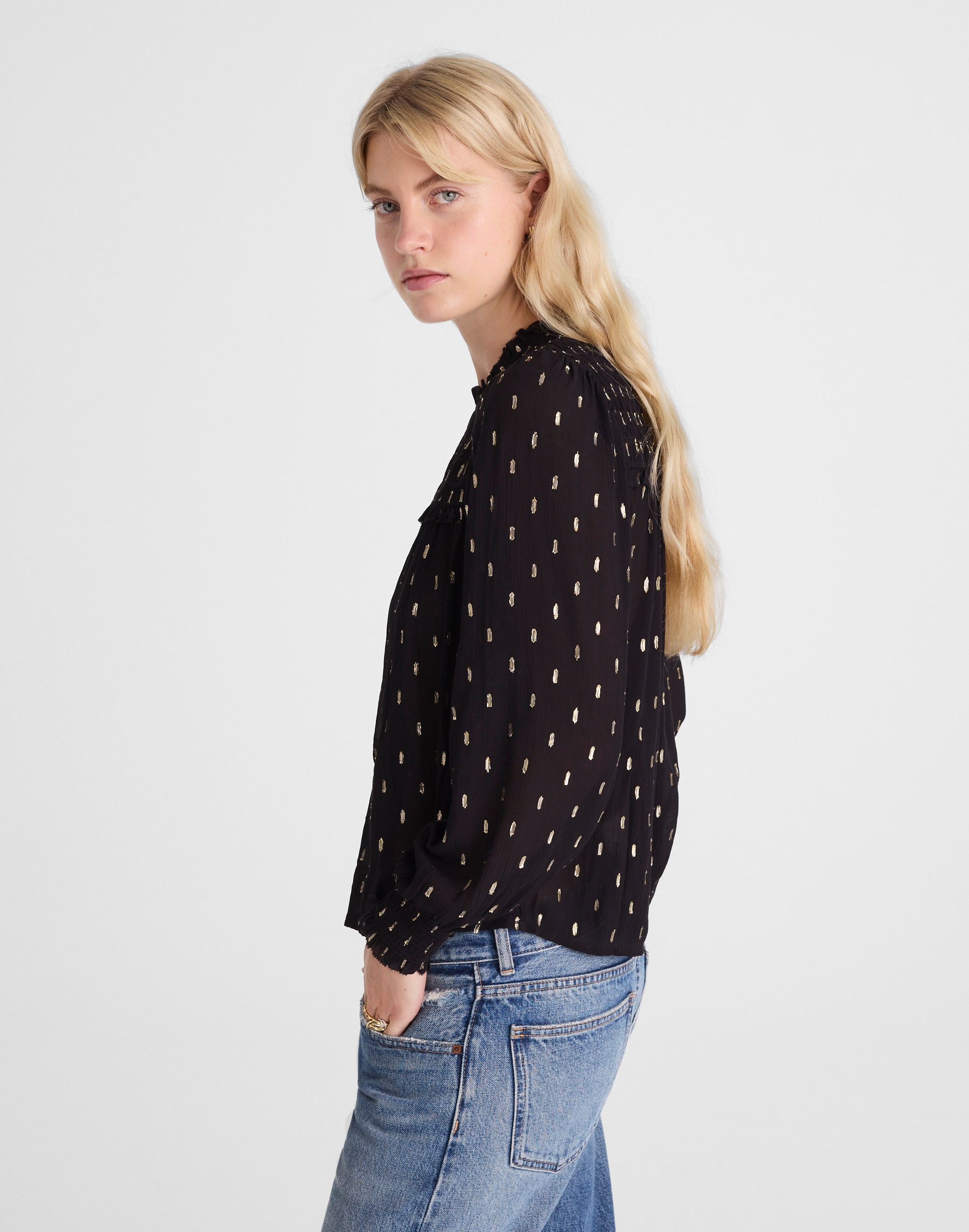 Madewell Smocked High-neck Long-sleeve Top In Black