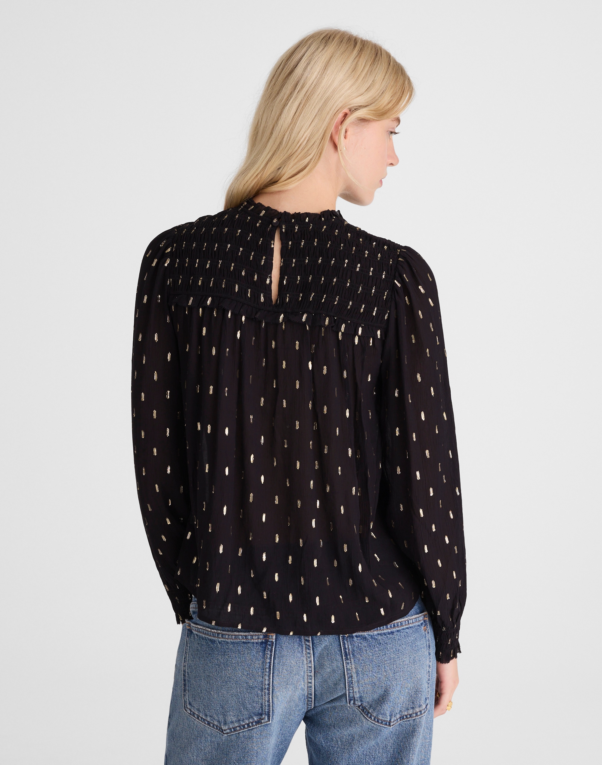 Smocked High-Neck Long-Sleeve Top Clip Dot