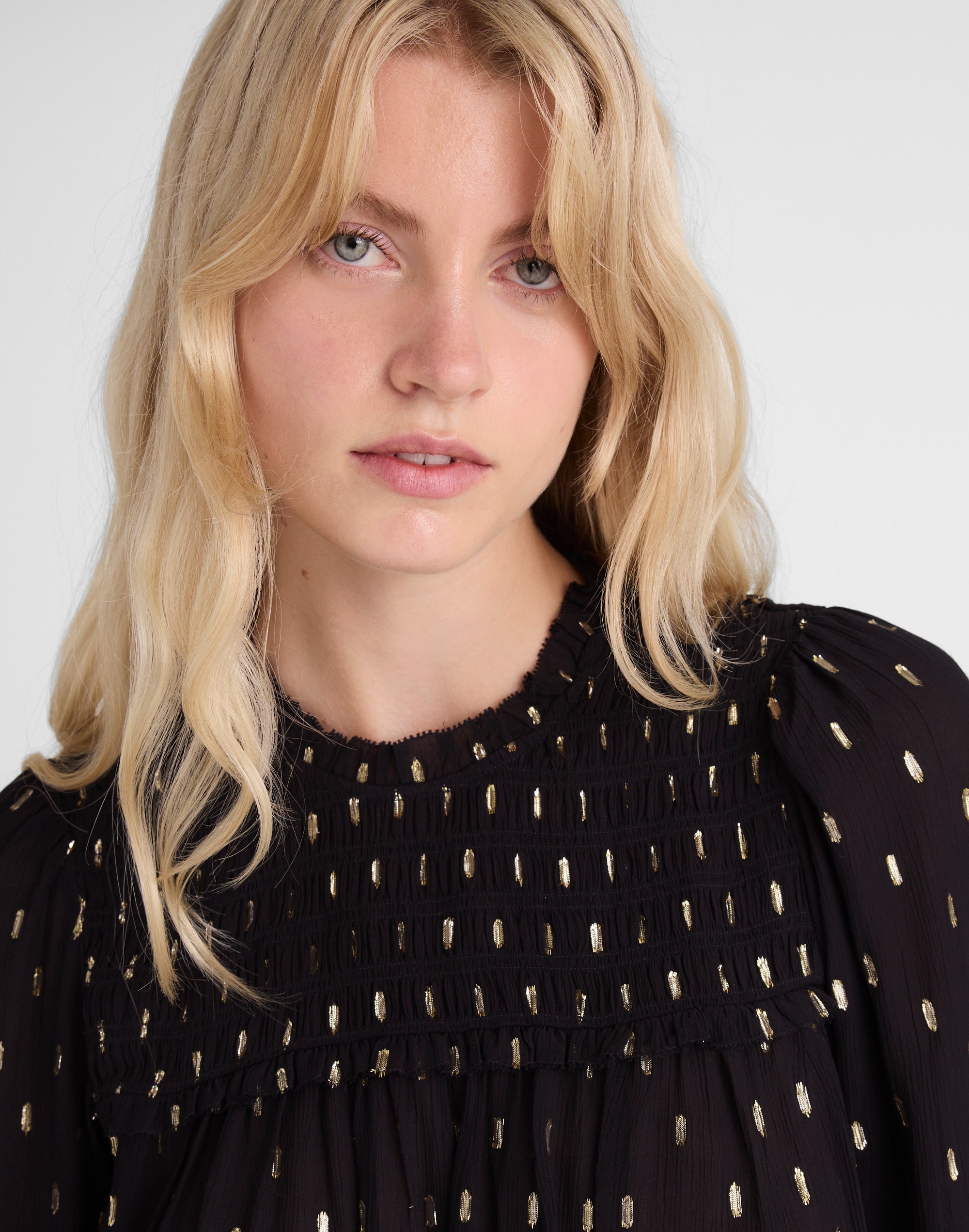 Smocked High-Neck Long-Sleeve Top Clip Dot