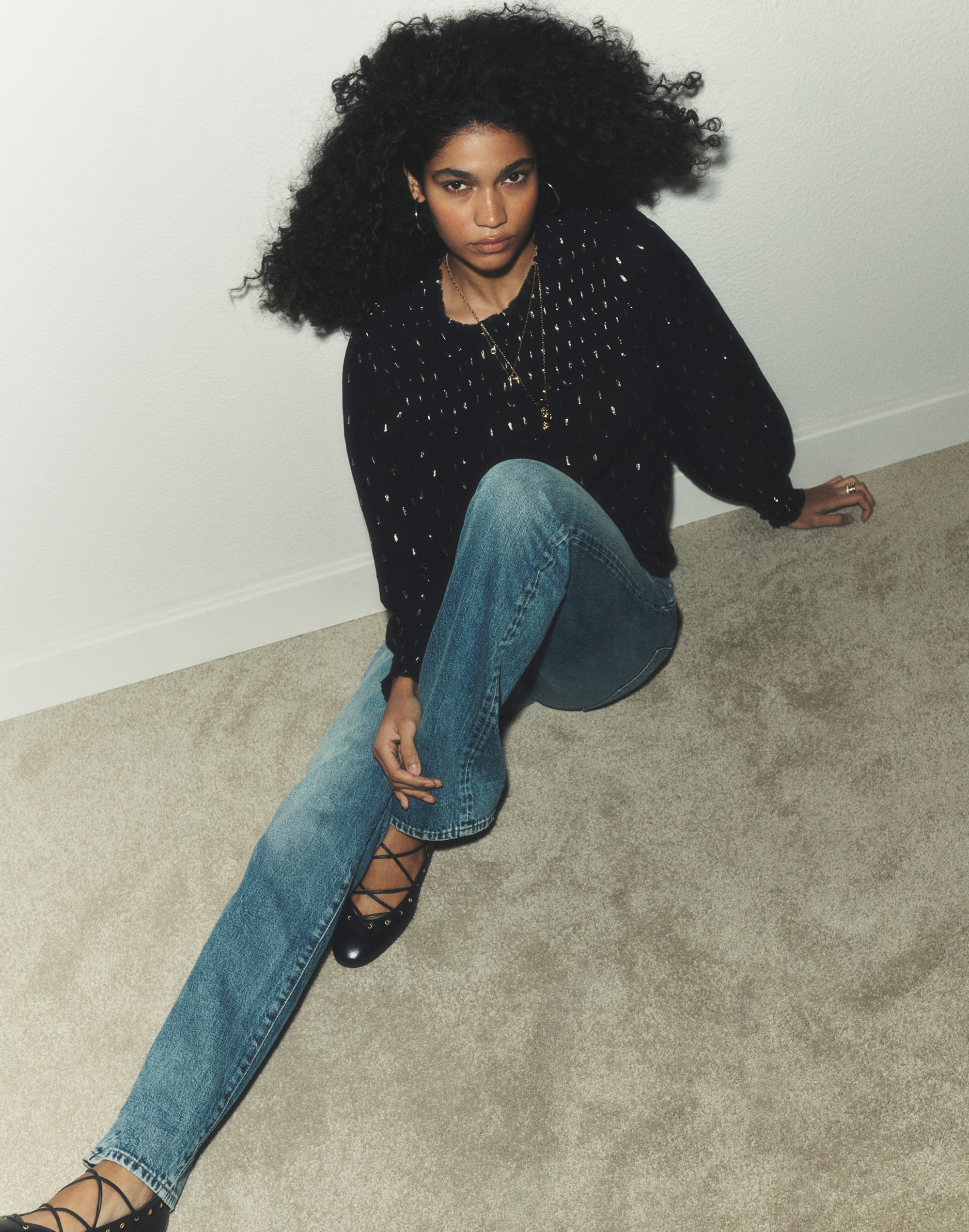 Smocked High-Neck Long-Sleeve Top Clip Dot