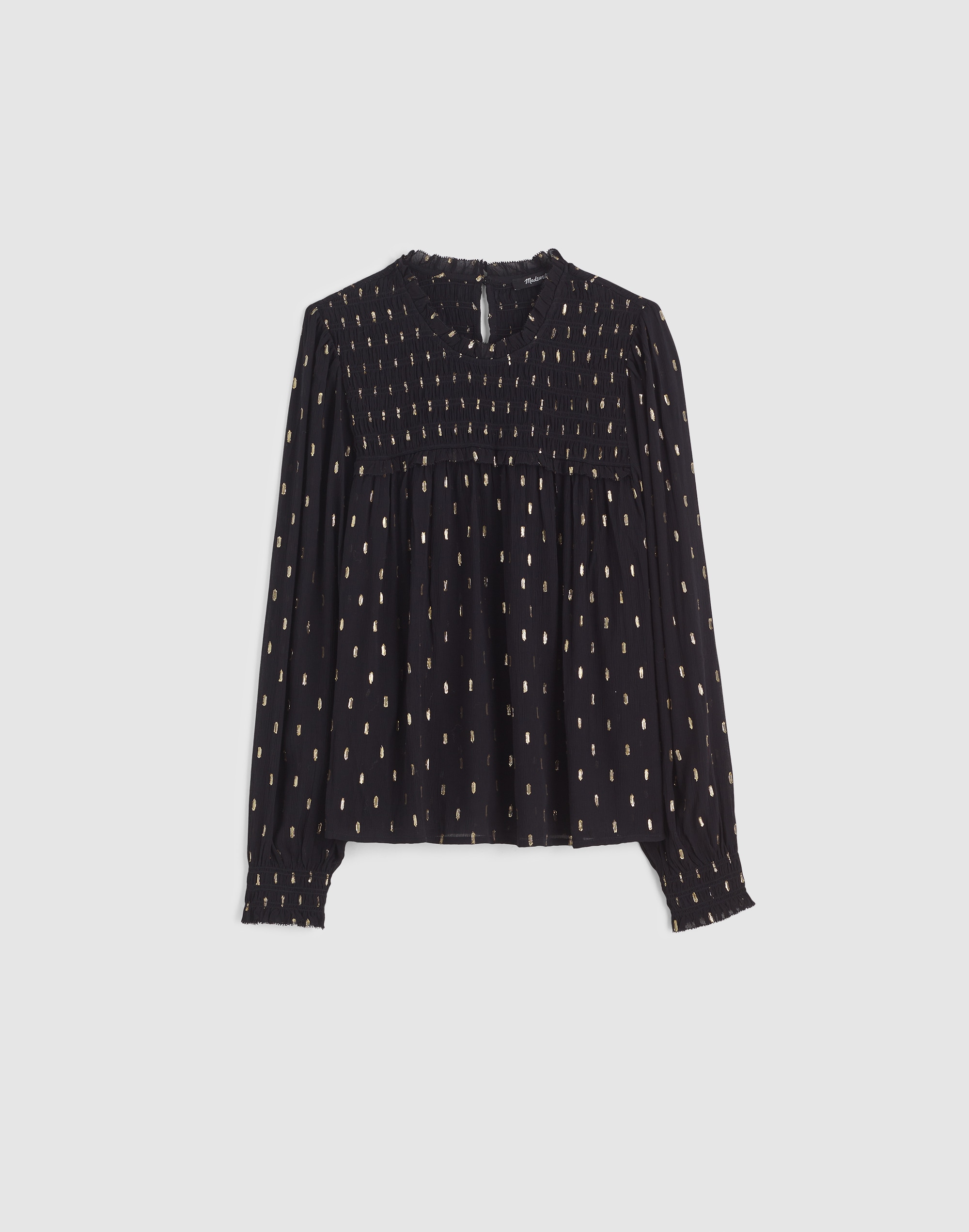 Smocked High-Neck Long-Sleeve Top Clip Dot