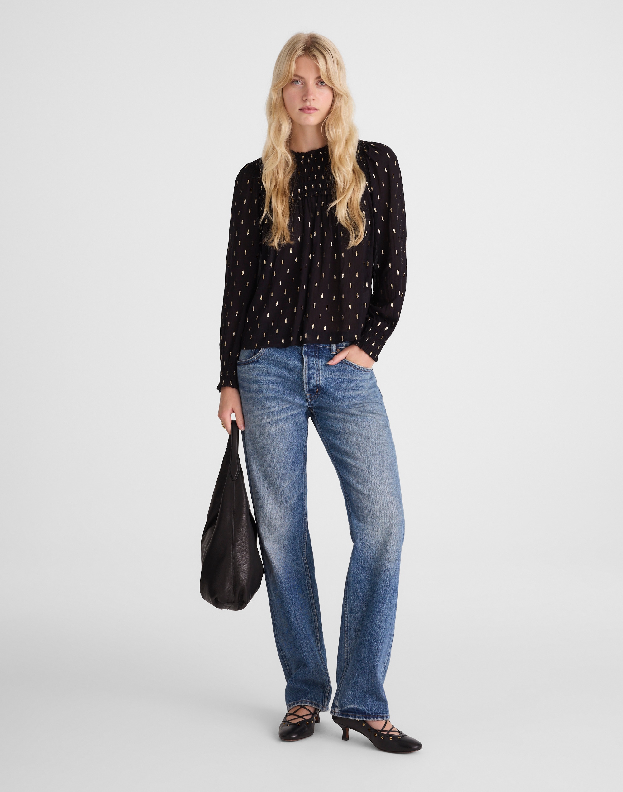 smocked high-neck long-sleeve top in clip dot
