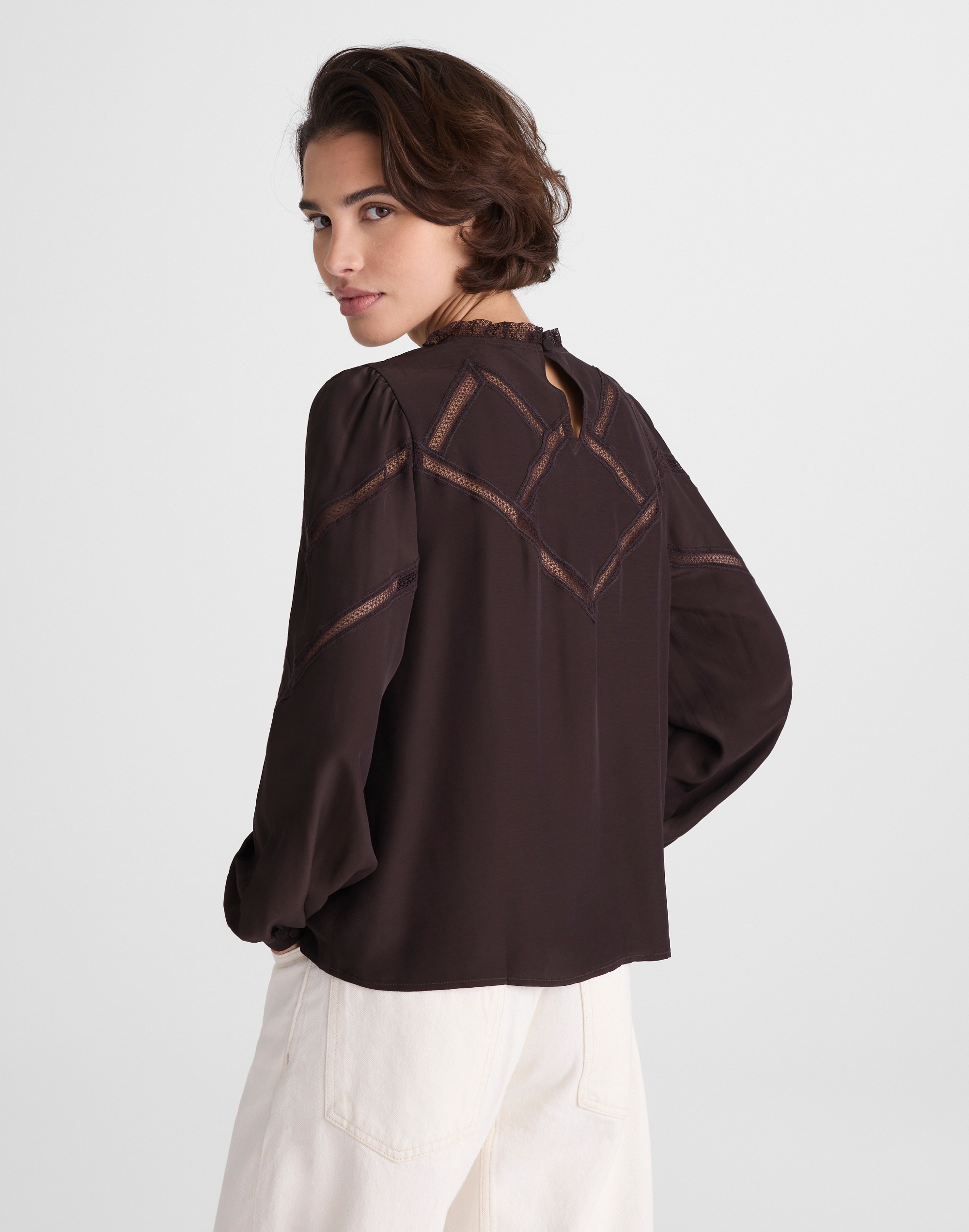 Lace-Insert Mockneck Long-Sleeve Top