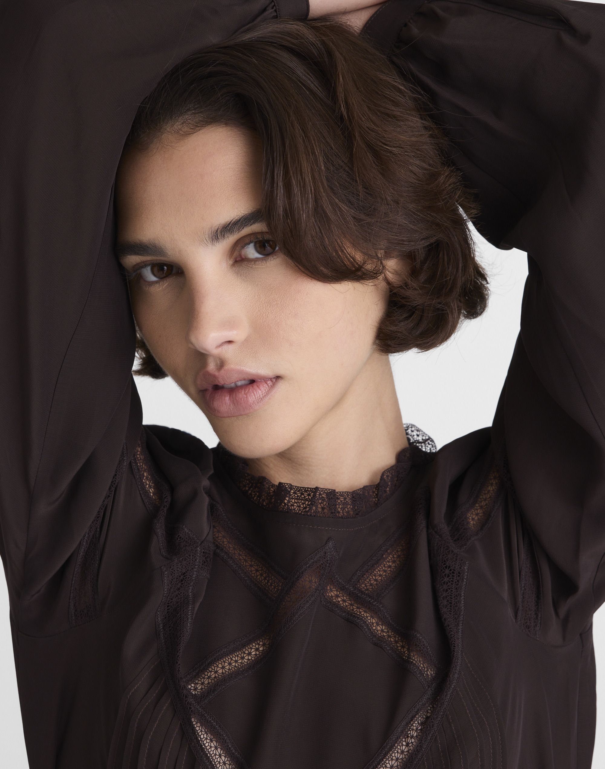 Lace-Insert Mockneck Long-Sleeve Top