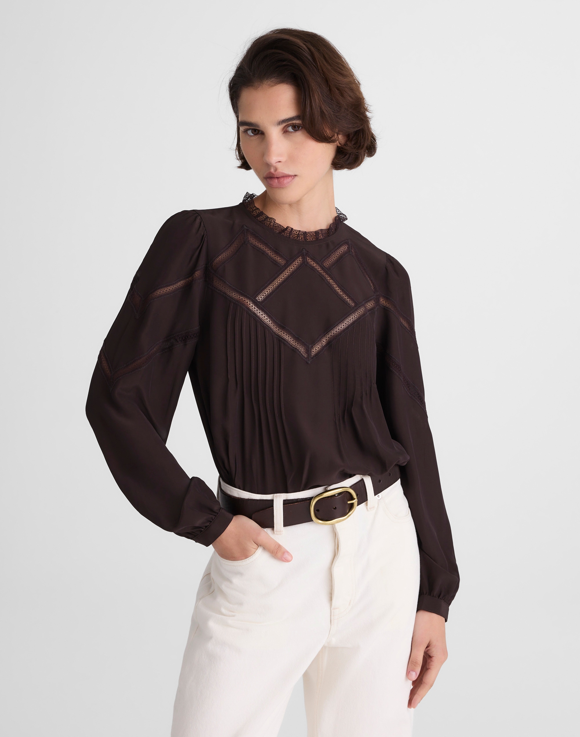 lace-insert mockneck long-sleeve top