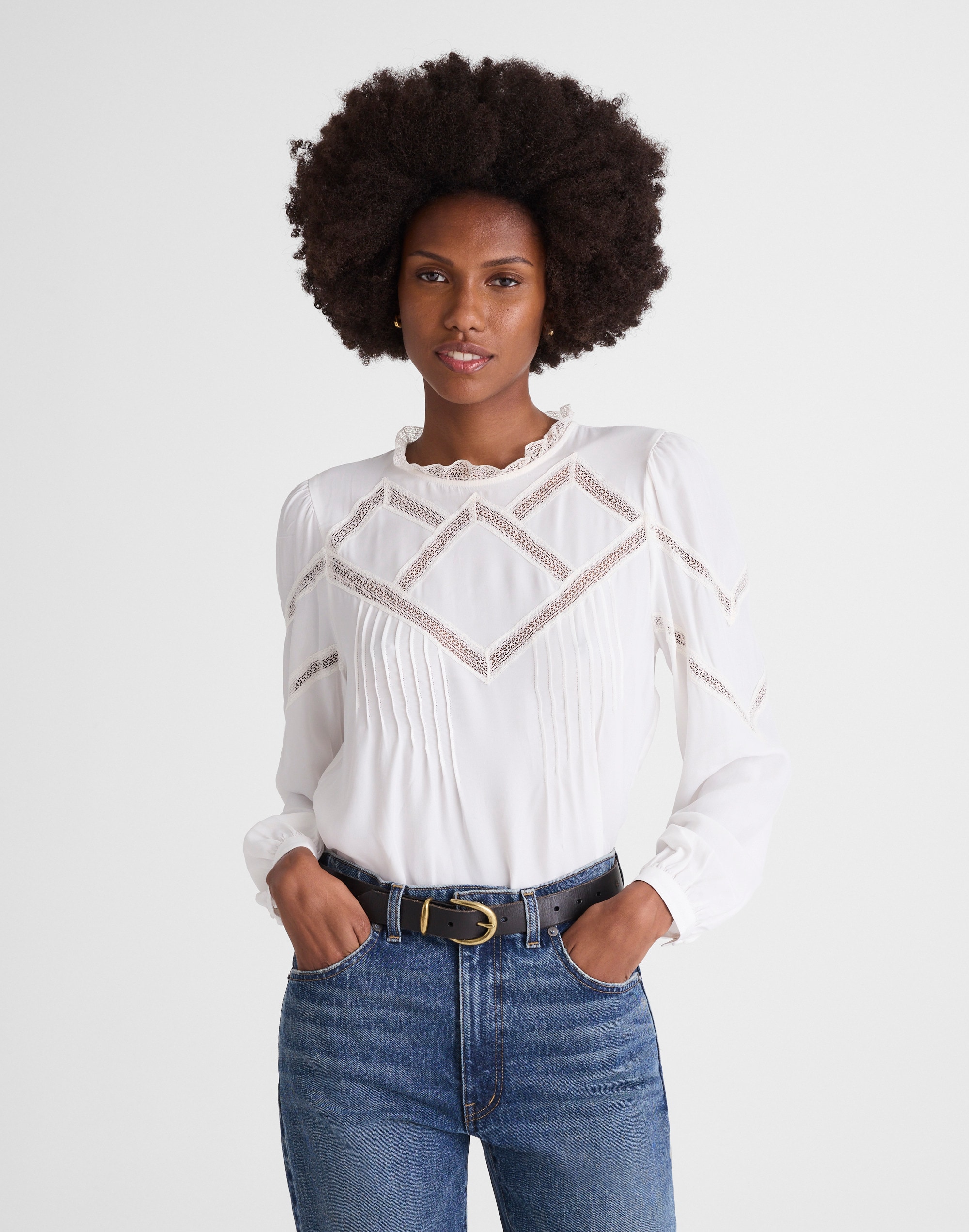 Lace-Insert Mockneck Long-Sleeve Top