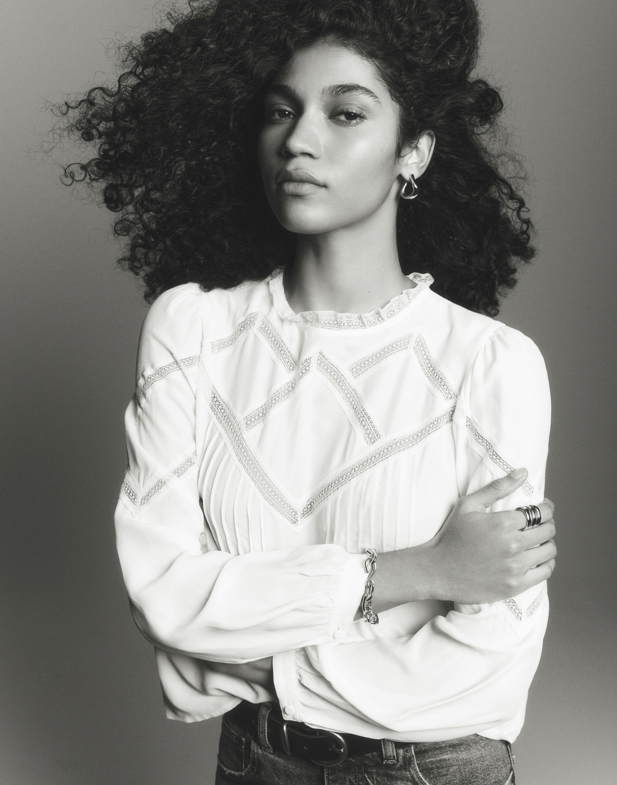 Lace-Insert Mockneck Long-Sleeve Top