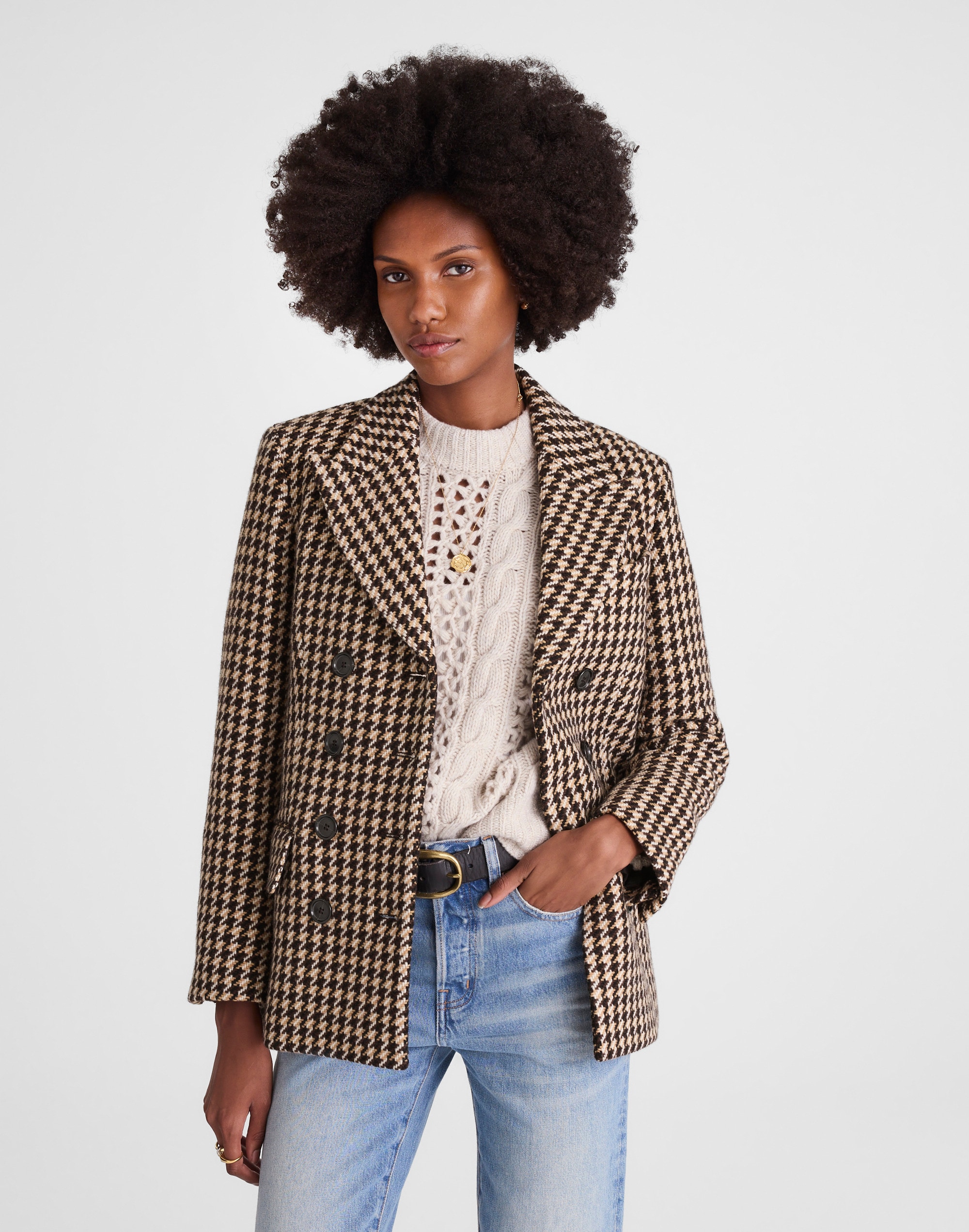 double-breasted boxy coat in houndstooth