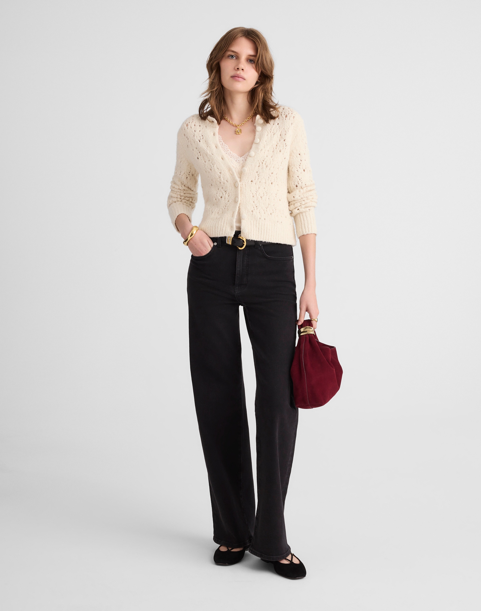 Pointelle-Stitch Cardigan Cotton Blend