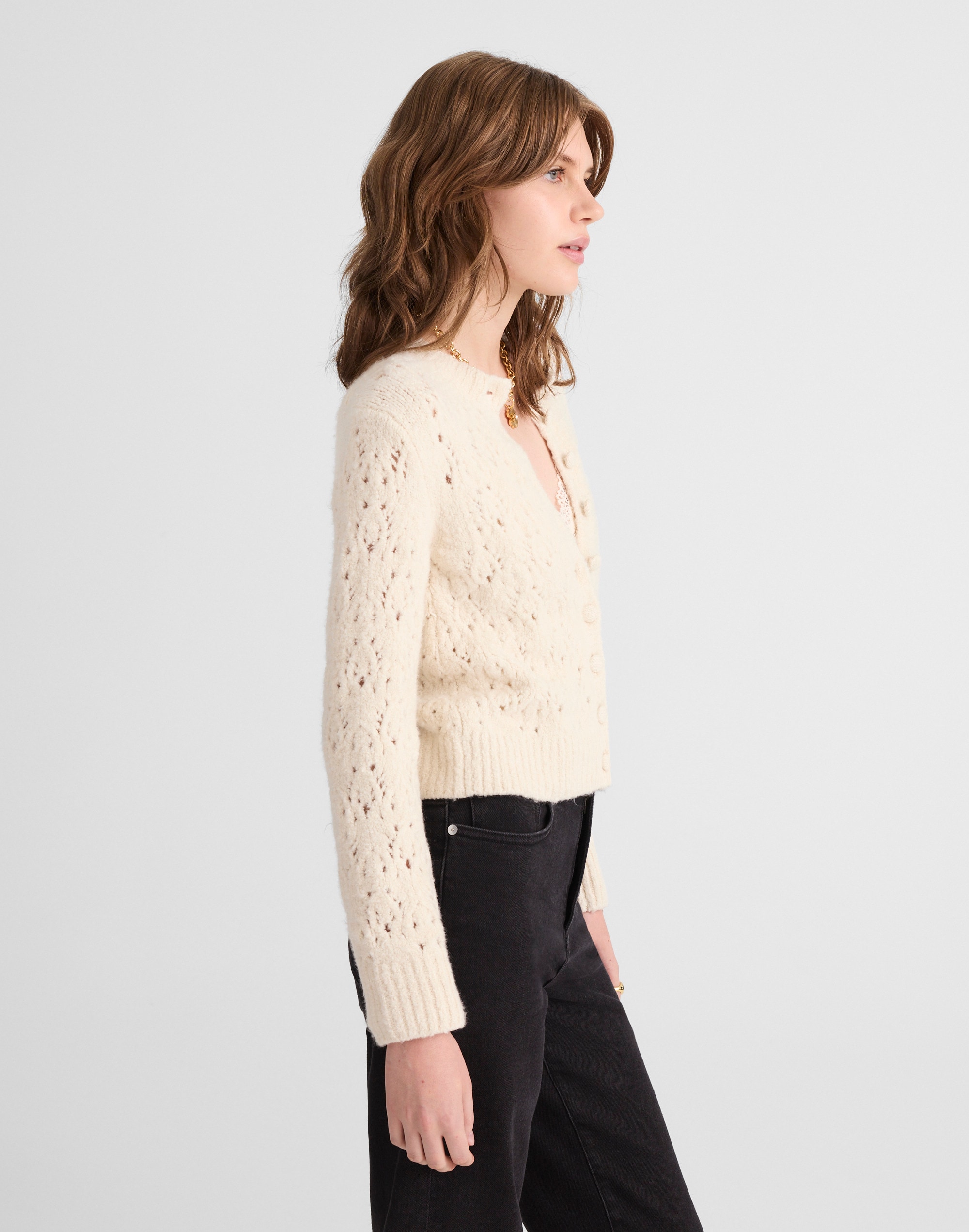 Pointelle-Stitch Cardigan Cotton Blend