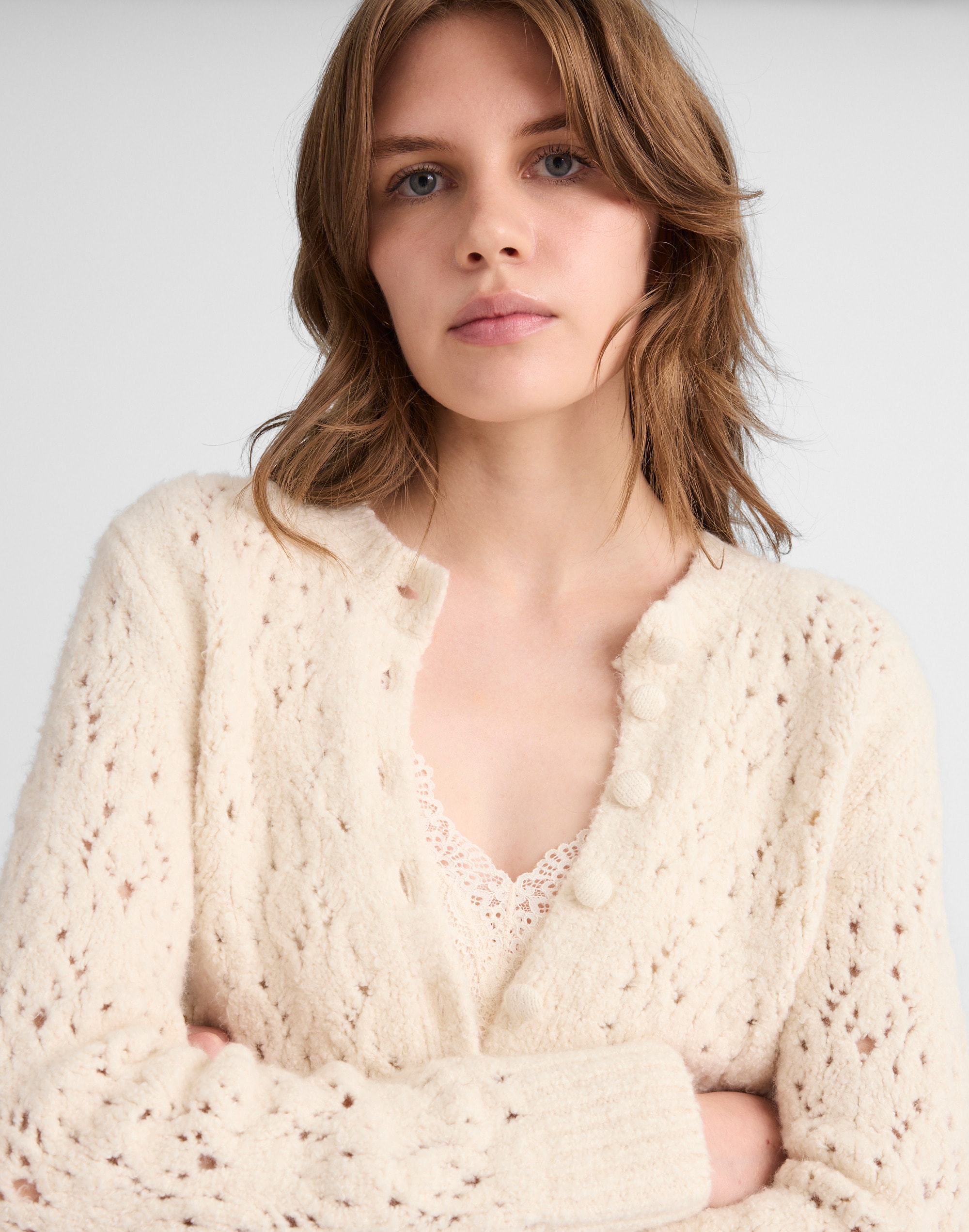 Pointelle-Stitch Cardigan Cotton Blend