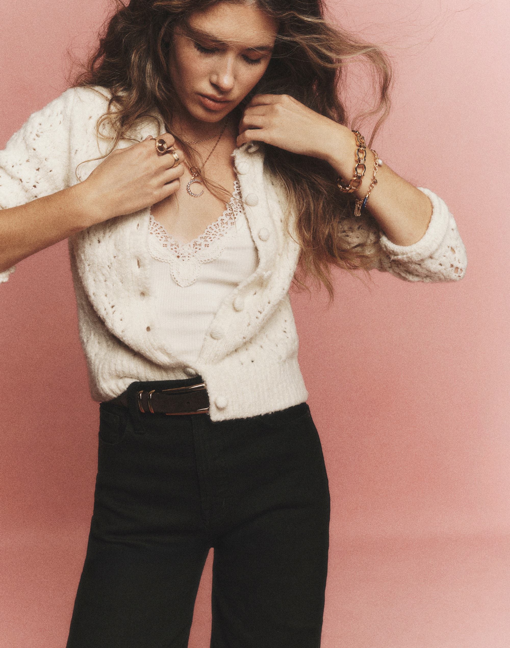 Pointelle-Stitch Cardigan Cotton Blend