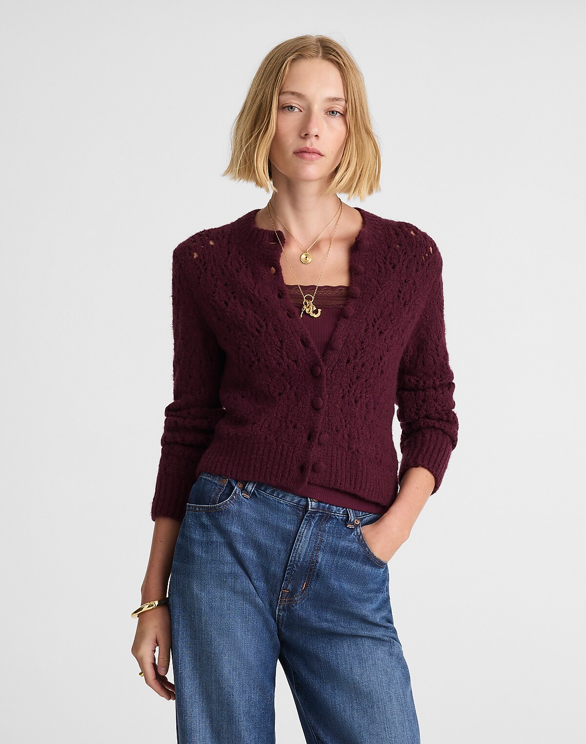 Pointelle-Stitch Cardigan in Cotton Blend
