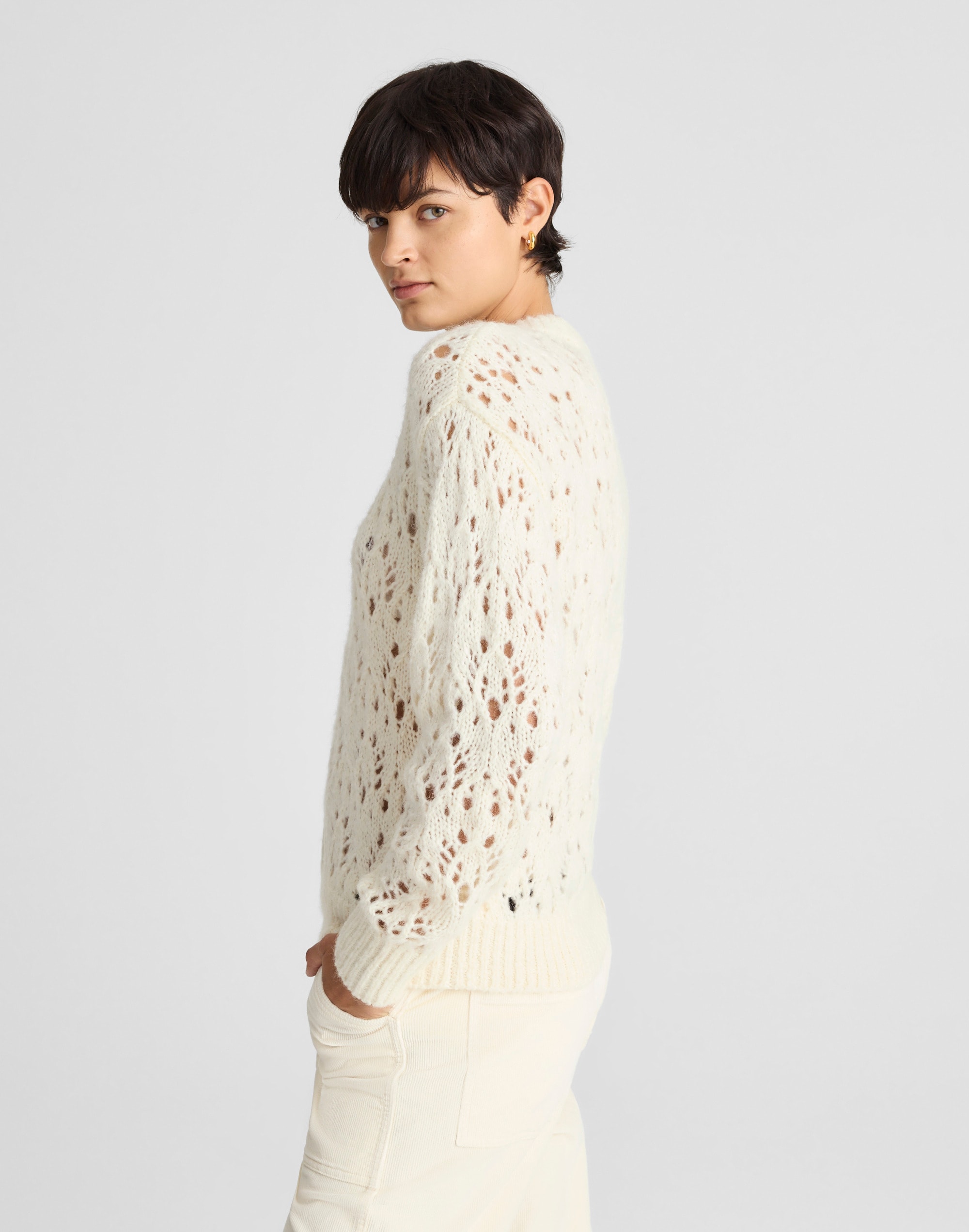 Pointelle-Stitch Drop-Shoulder Sweater