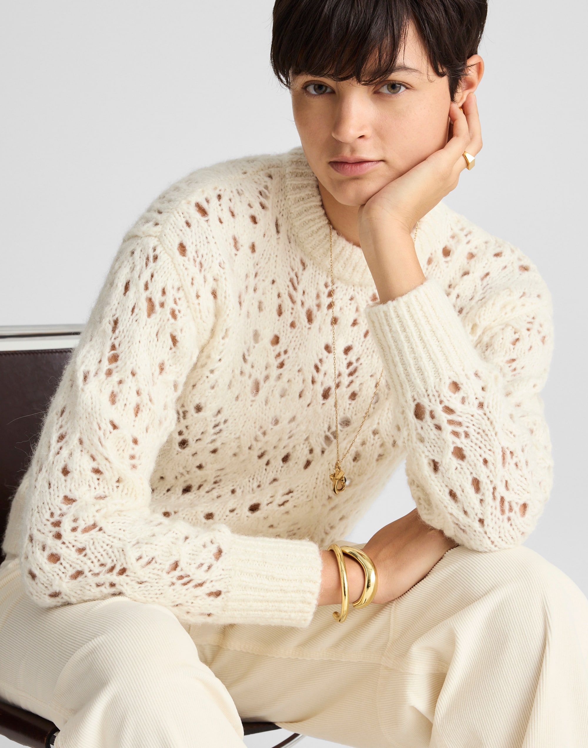 Pointelle-Stitch Drop-Shoulder Sweater