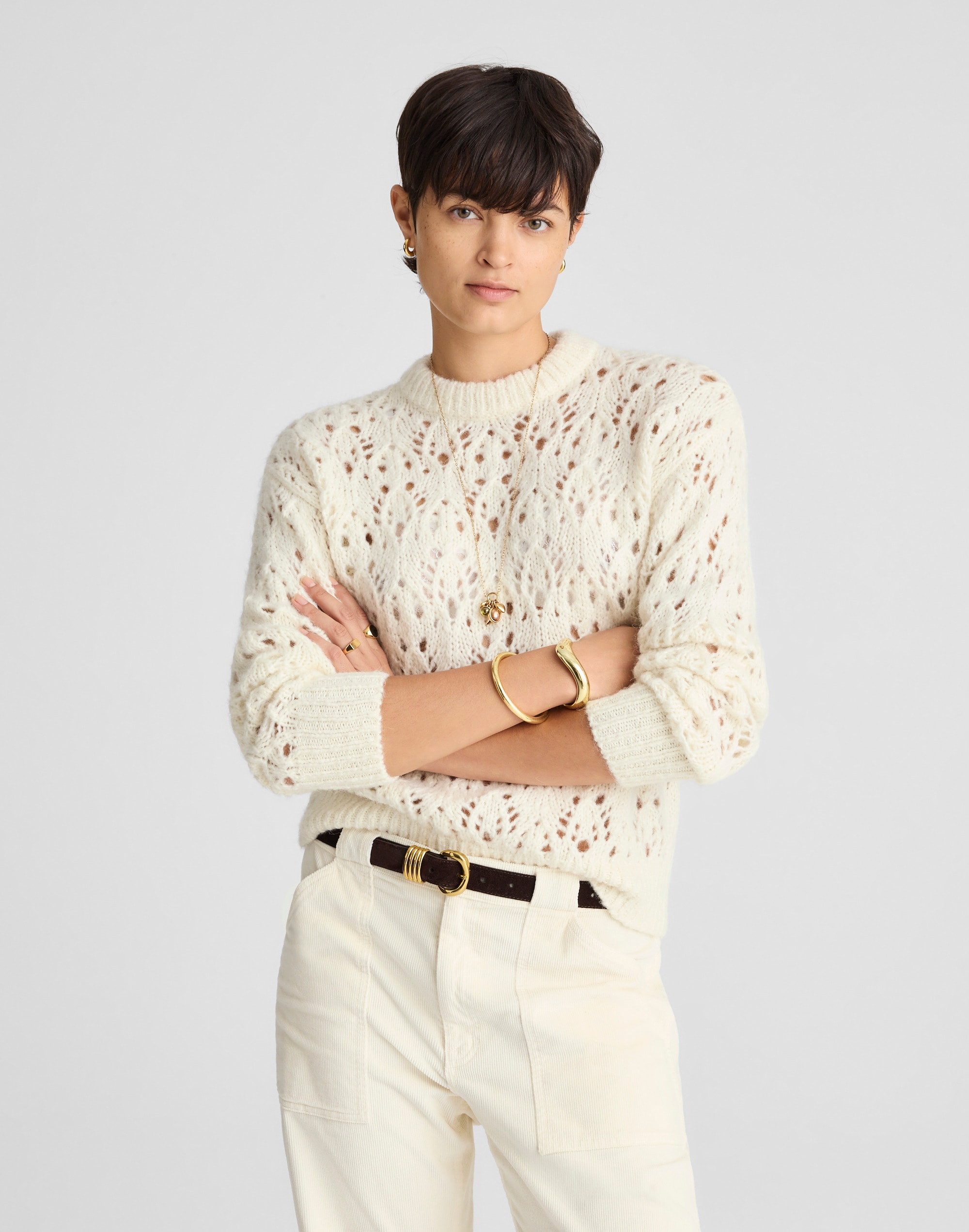 pointelle-stitch drop-shoulder sweater