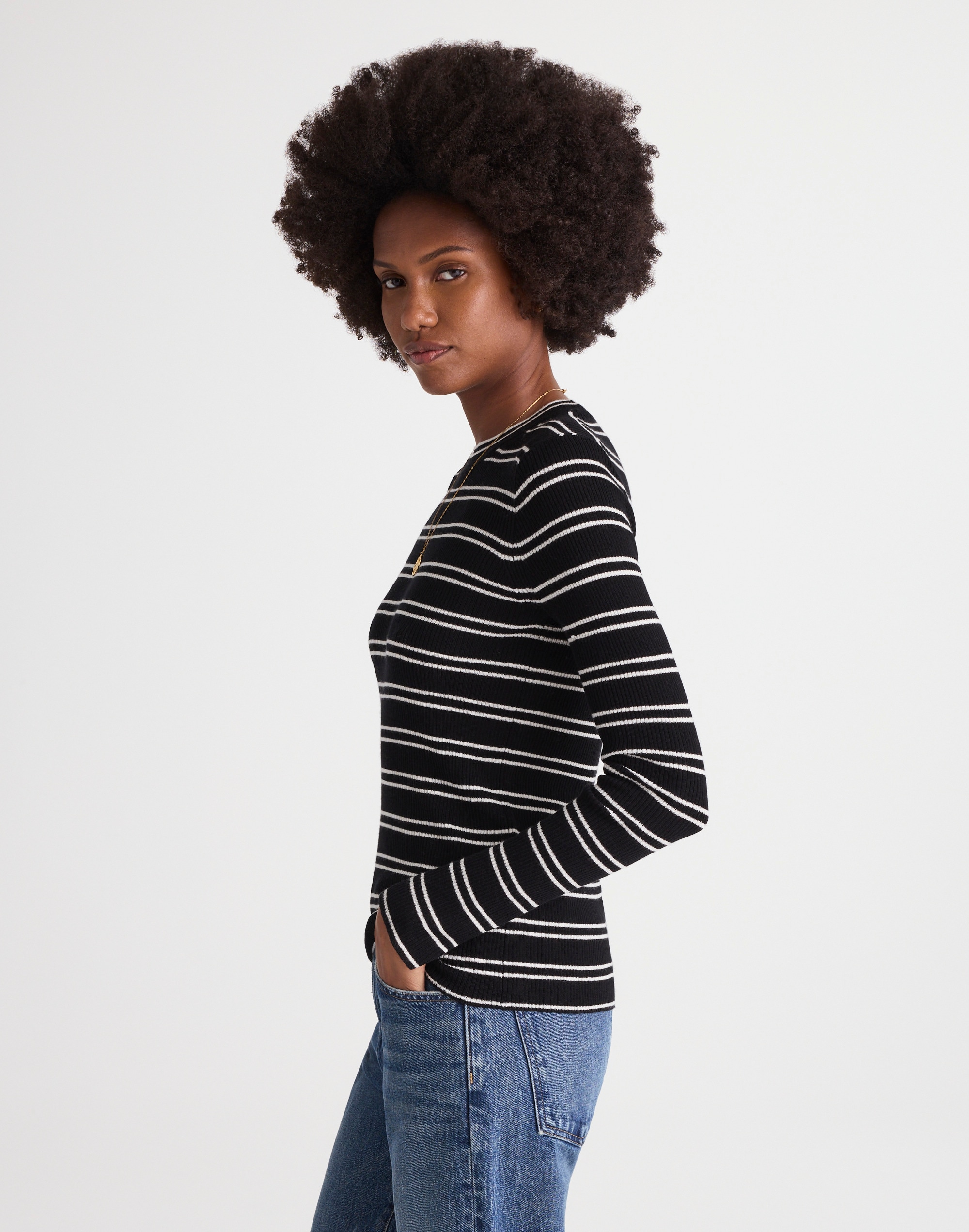 Slit-Sleeve Crewneck Sweater Stripe